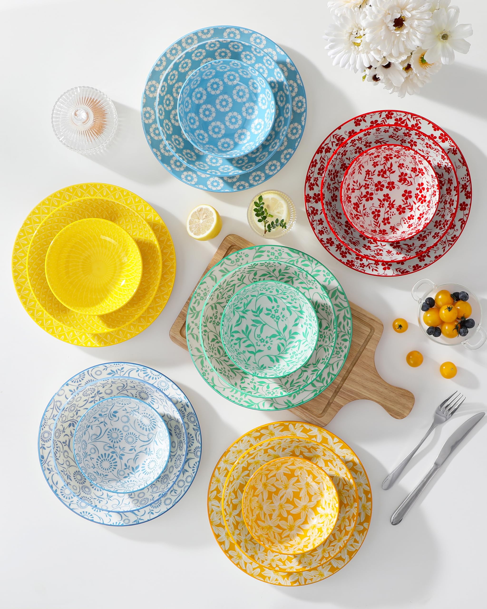 vancasso SELENE Vajillas Completas 6 Personas, Juego de 24 Piezas Vajillas en Porcelana Pastel - 6 Platos Llanos, 6 Platos de Postre, 6 Cuencos para Pasta y 6 Cuencos, Apto para Lavavajillas