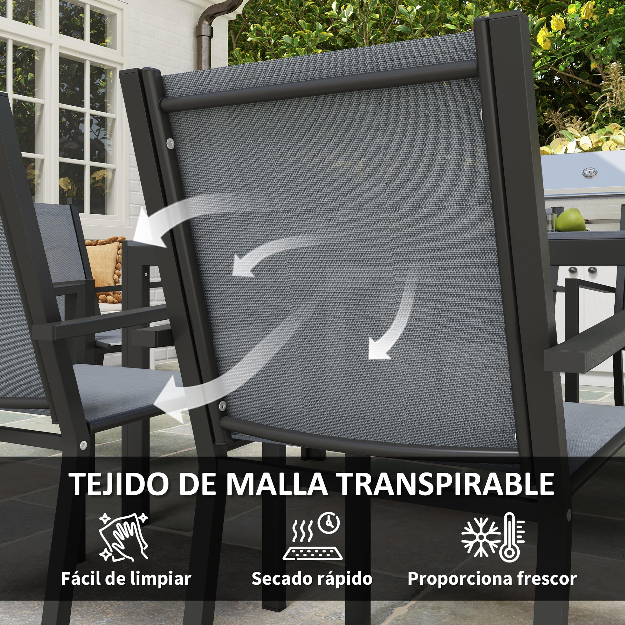 Outsunny Conjunto de Mesa y Sillas Jardín de 7 Piezas, Muebles de Jardín Exterior con 6 Sillas Apilables, Mesa con Encimera de Madera Plásticay Marco de Acero, para Terraza, Patio, Caqui y Marrón