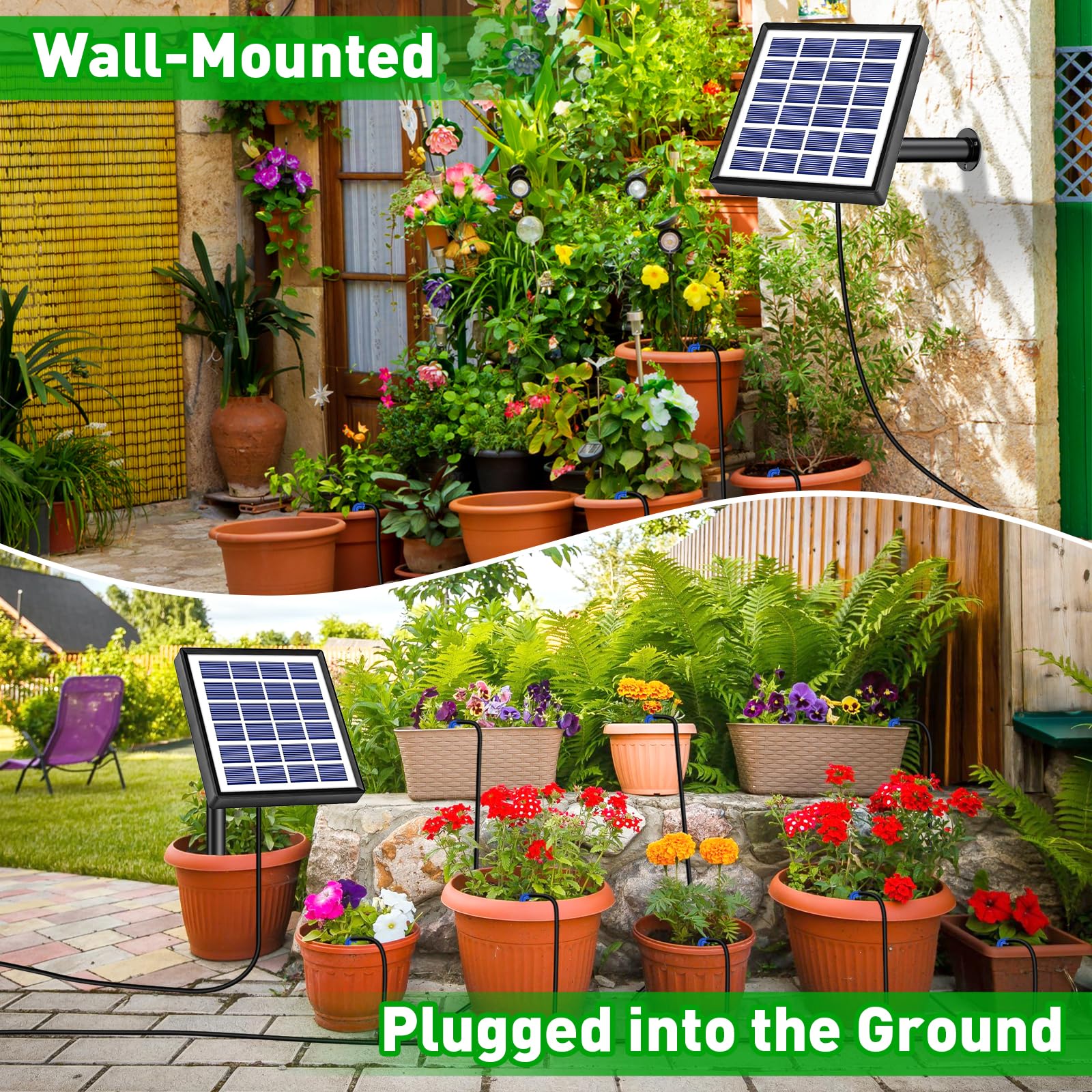 Onherm Solar Bewässerungssystem, Automatische Bewässerungssystem Garten mit 12 Timer Modi und 15M Schlauch, Tröpfchenbewässerung system für Garten, Balkon, Gewächshaus, Topfpflanzen im Freien