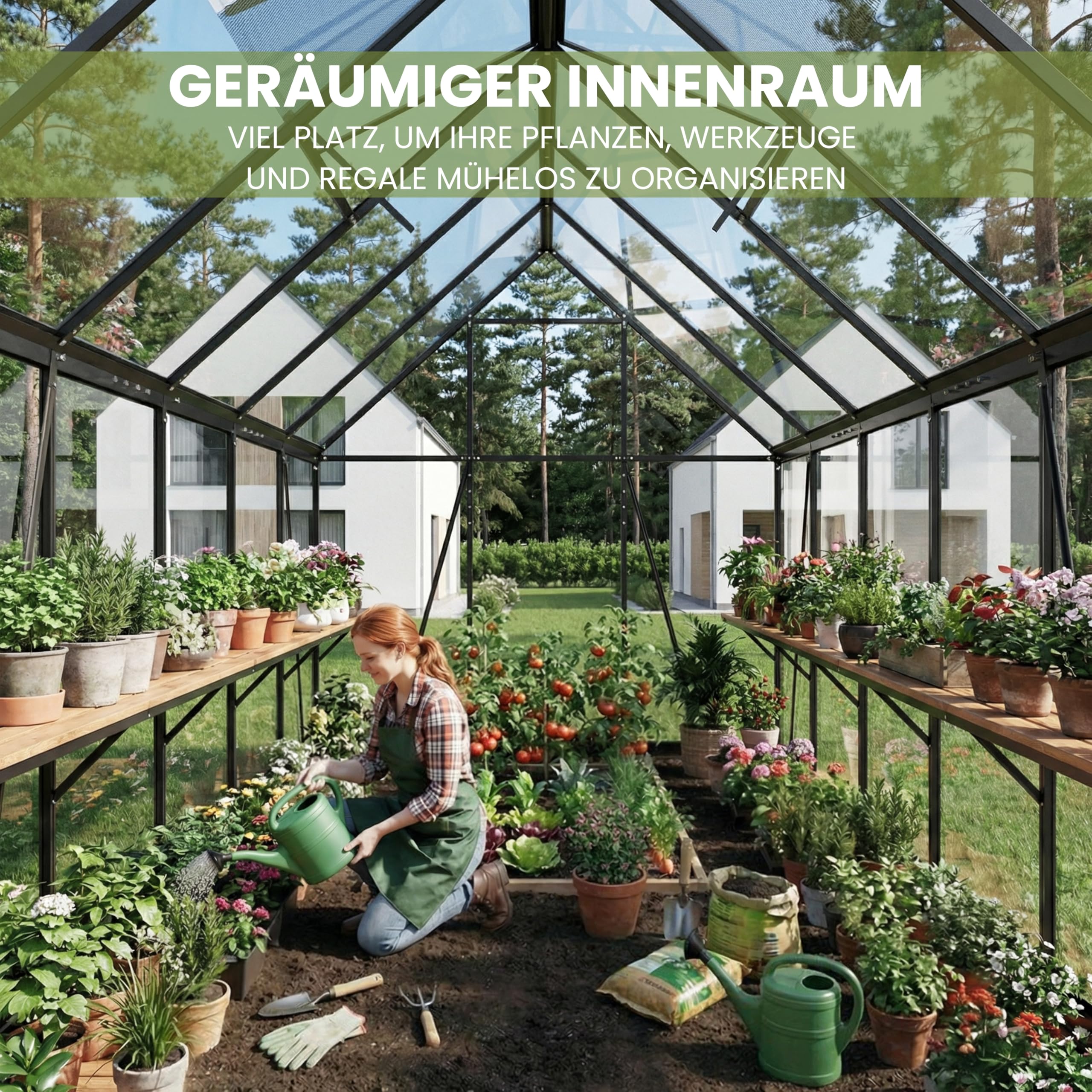 ALAULM Polycarbonat-Gewächshaus 175x281x195cm, mit abschließbarer Tür, Satteldach, Lüftungsfenster & Regenrinnen, Wetterfest für Terrasse & Garten (Schwarz)