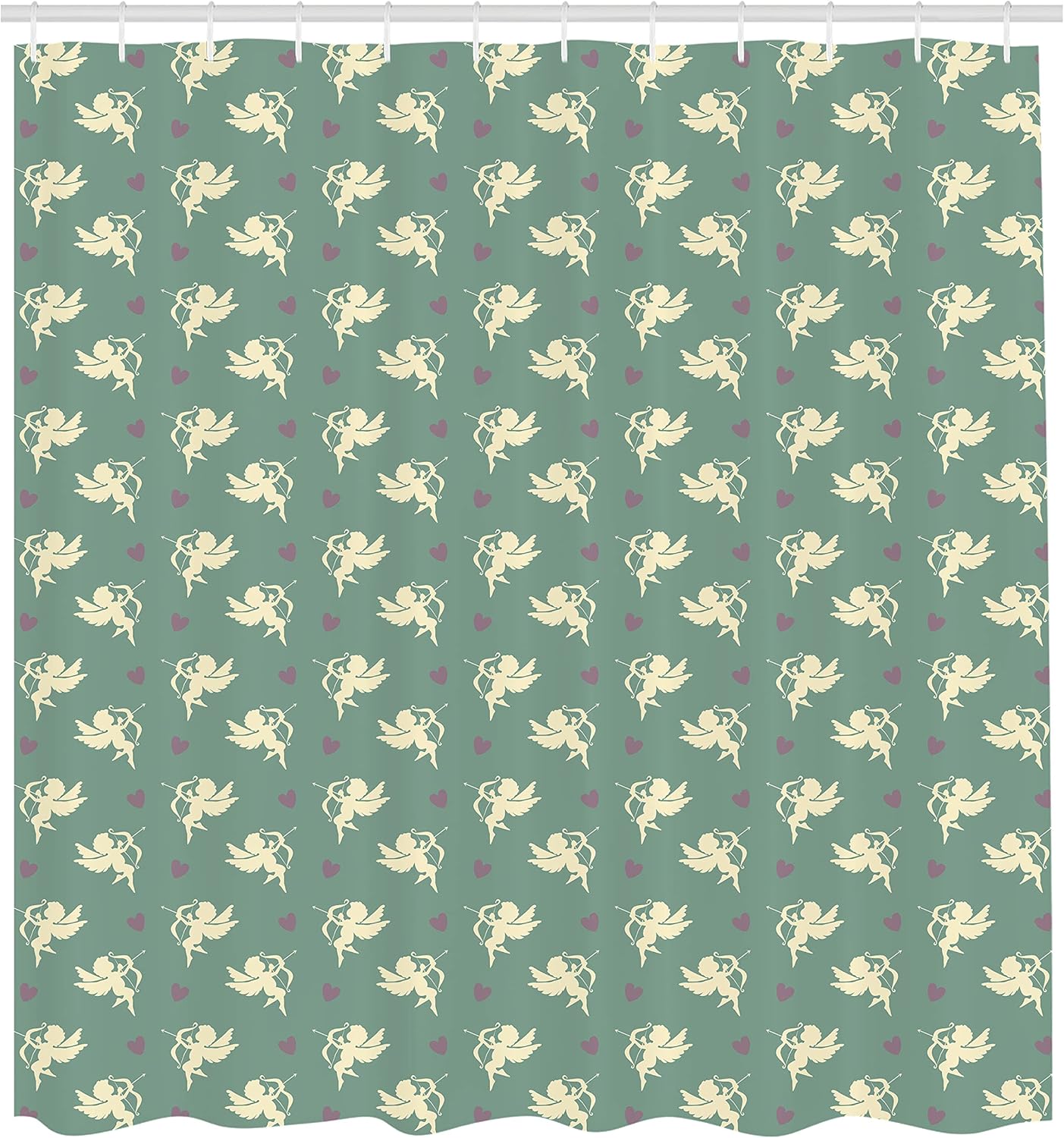 Ambesonne Green Shower Curtain, Greek Inspired Romance Cupid Silhouette Pattern with Little Hearts Print, Cloth Fabric Bathroom Decor Set with Hooks, 69" W x 75" L, Jade Green Purple Cream