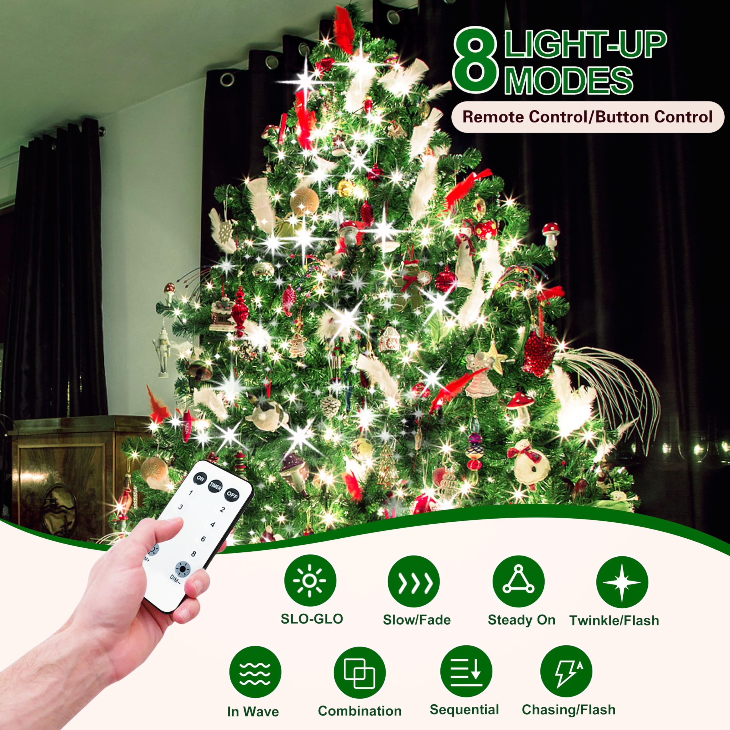 aneeway Luci Albero di Natale - 200cm Catena Luminosa 16 Striscia 400LEDs Lucine Albero di Natale, 8 Modalità Luci di Natale per Albero di Natale da 150-240cm Decorazioni, Bianco Brillante