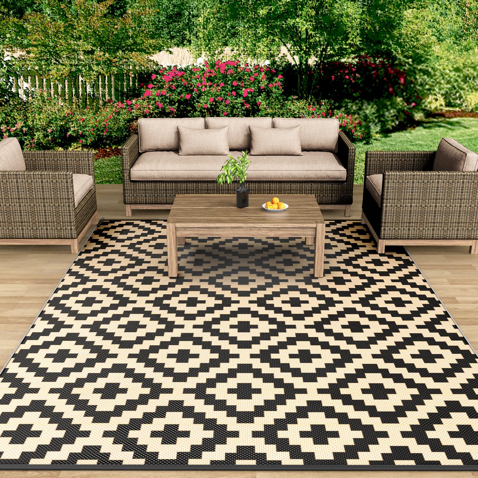 MOKANI Outdoor Teppich Wetterfest, Kunststoff Stroh/Plastik Reversible Matte UV-beständig Camping Patio Wasserdichter Außenbereich für Balkon Terrasse Pinic 240x300cm