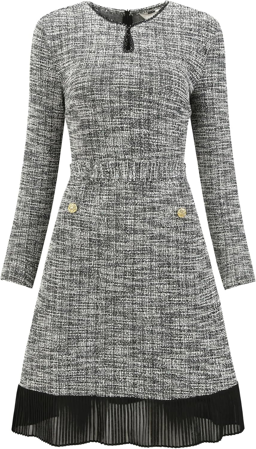 Women's Tweed Dress Long Sleeve Tie Waist Pleated Hem Wedding Cocktail A Line Dresses