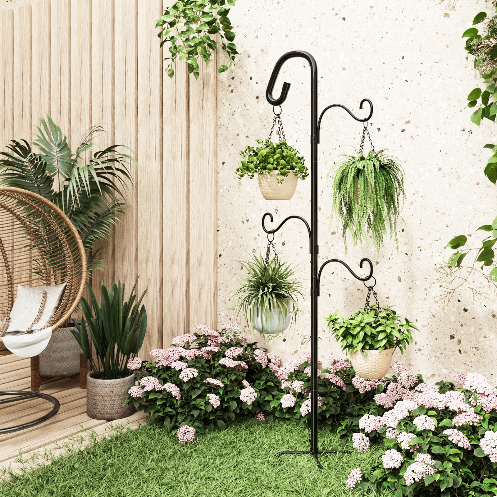 Bamworld Gancho de Pastor para Exterior 160cm Gancho de Pie Metálico con 3 Ganchos Ajustables y Base Estable de 4 Patas Para Macetas Colgantes, Plantas, Faroles, Patio, Jardín y Decoración