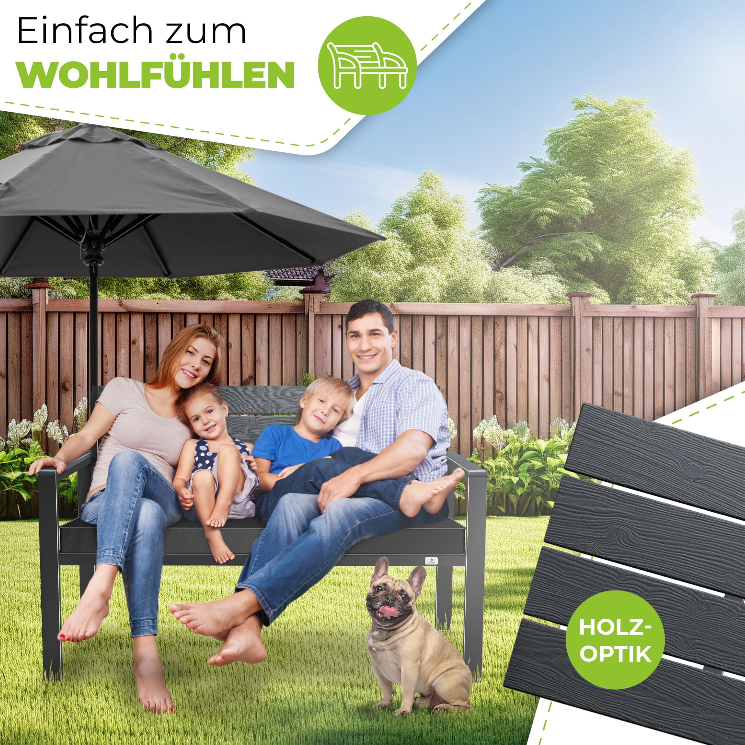 KESSER® Gartenbank mit Kissen – Sitzbank Wetterfest 2-Sitzer Parkbank in Holzoptik Balkonbank für Garten Terrasse Balkon bis 300 kg belastbar UV-beständig inkl. abnehmbarem & waschbarem Polsterbezug
