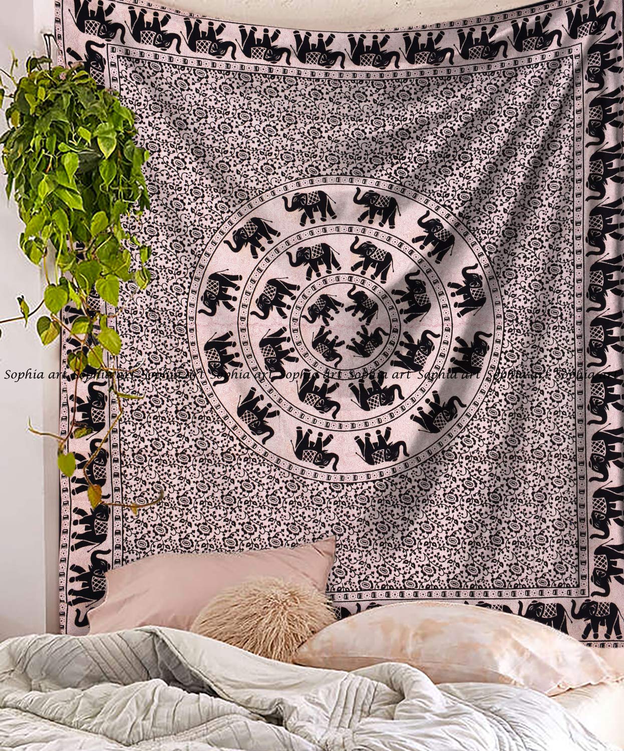 Tapiz De Pared Bohemio Con Elefante Azul - Estilo Indie Vintage (150x100cm), image size:1246x1500