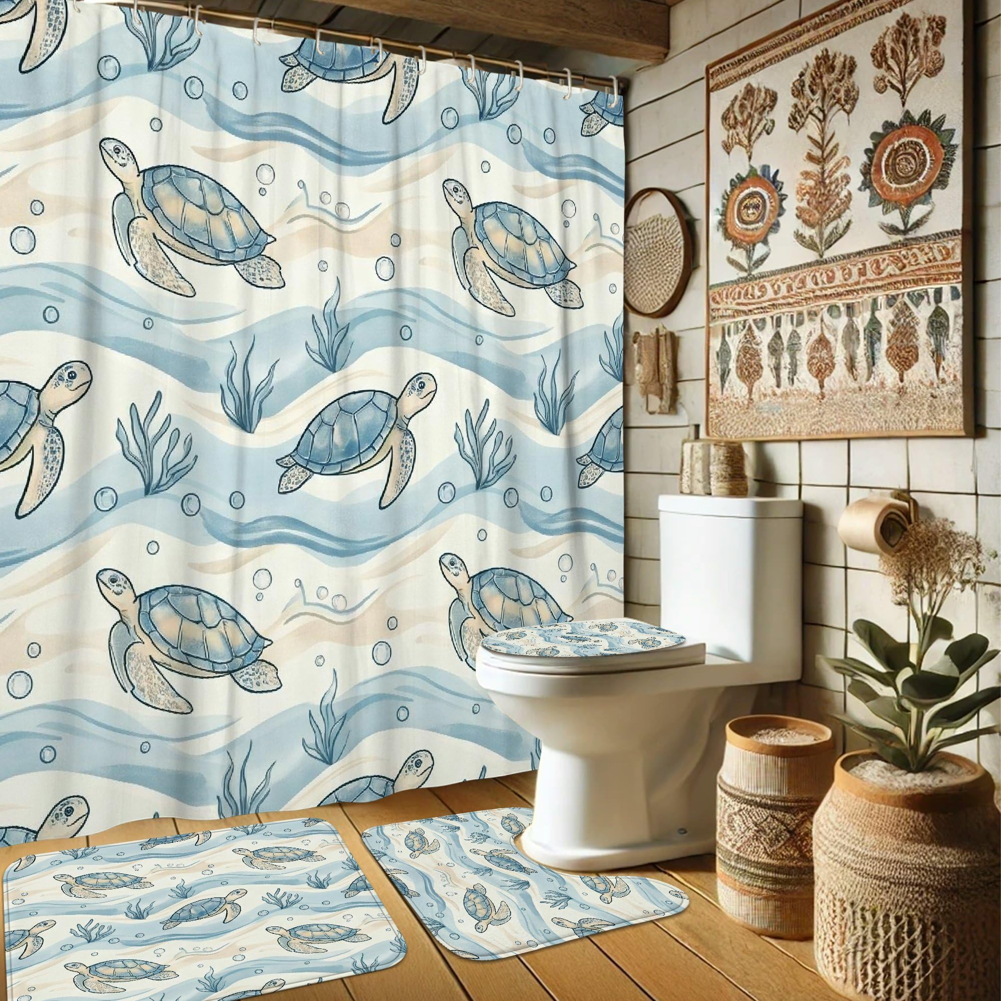 Rideau de douche tortue marine rideau et tapis de salle de bain lavable 183 x 183 cm bleu