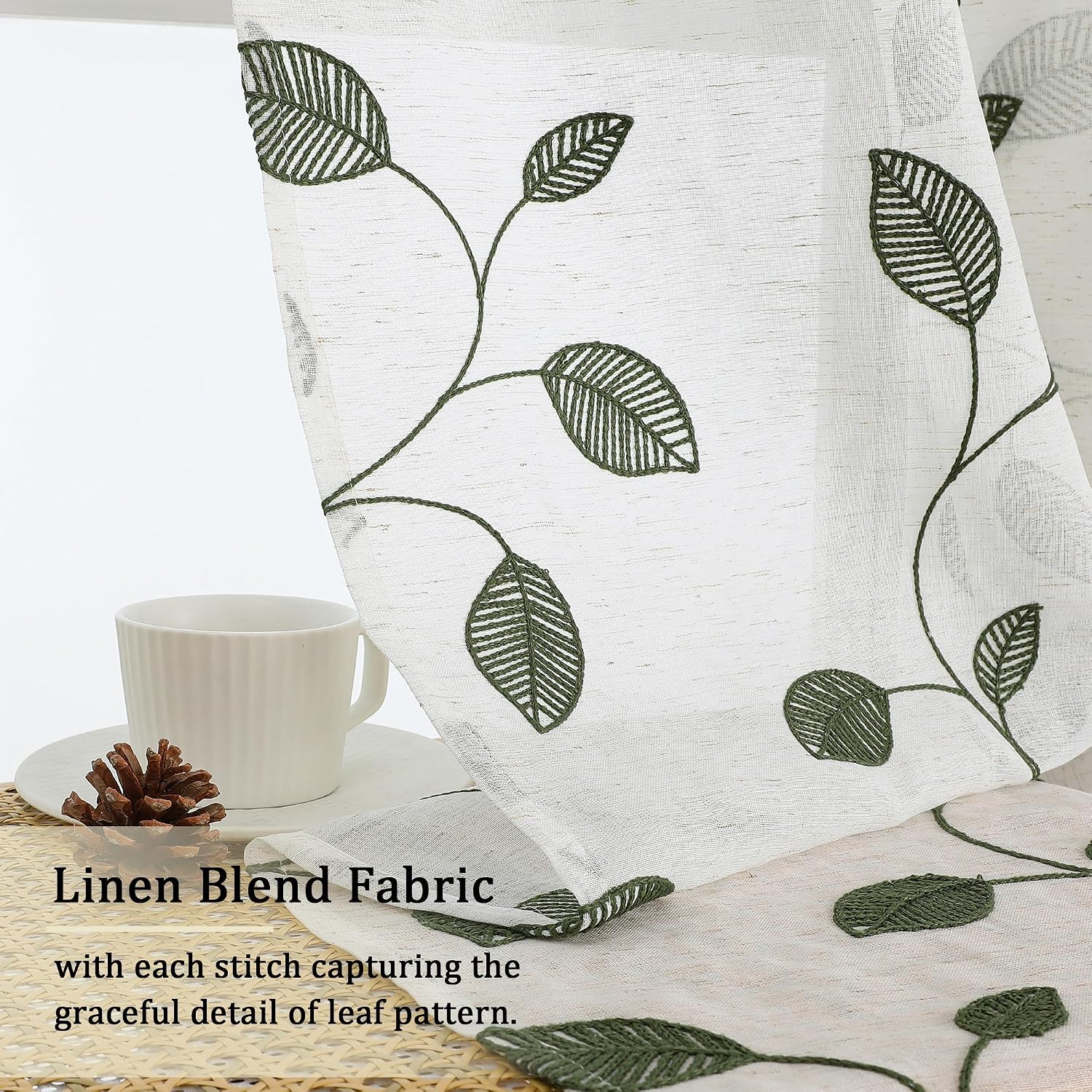 OVZME Sage Green Sheer Curtains 63 Inch Length 2 Panels, Leaf Embroidery Linen Textured Light Filtering Sheer Curtains for Dining Room Bedroom, Rod Pocket Farmhouse Window Drapes, 2x40Wx63L Inches