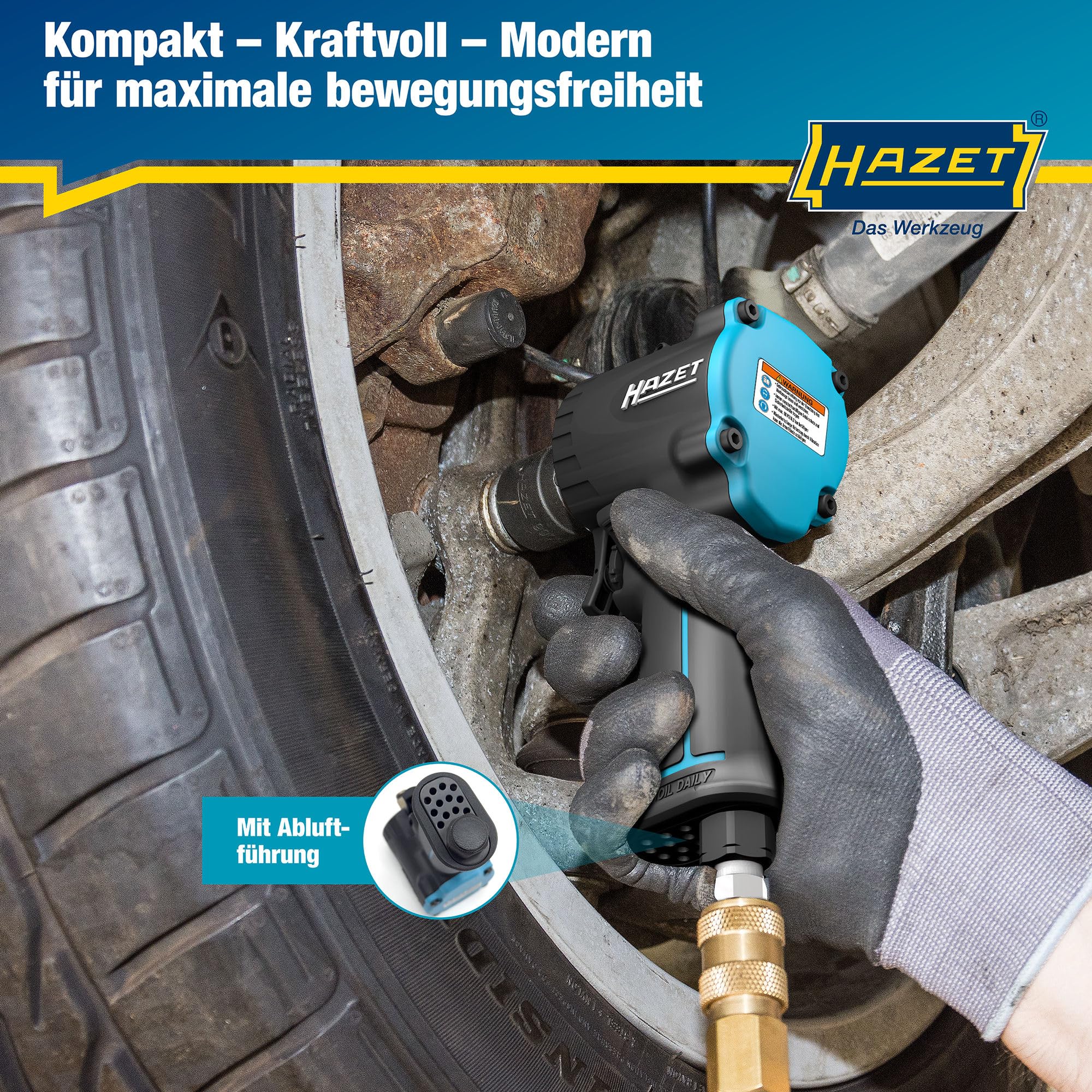 Hazet Druckluft-Schlagschrauber 9012M-1 I extra kurz - nur 80 mm, Max. Lösemoment: 1200 Nm, Vierkant 12,5 mm (1/2 Zoll), Betriebsdruck: 6,3 Bar I kompakte Bauweise für Arbeiten in beengten Räumen