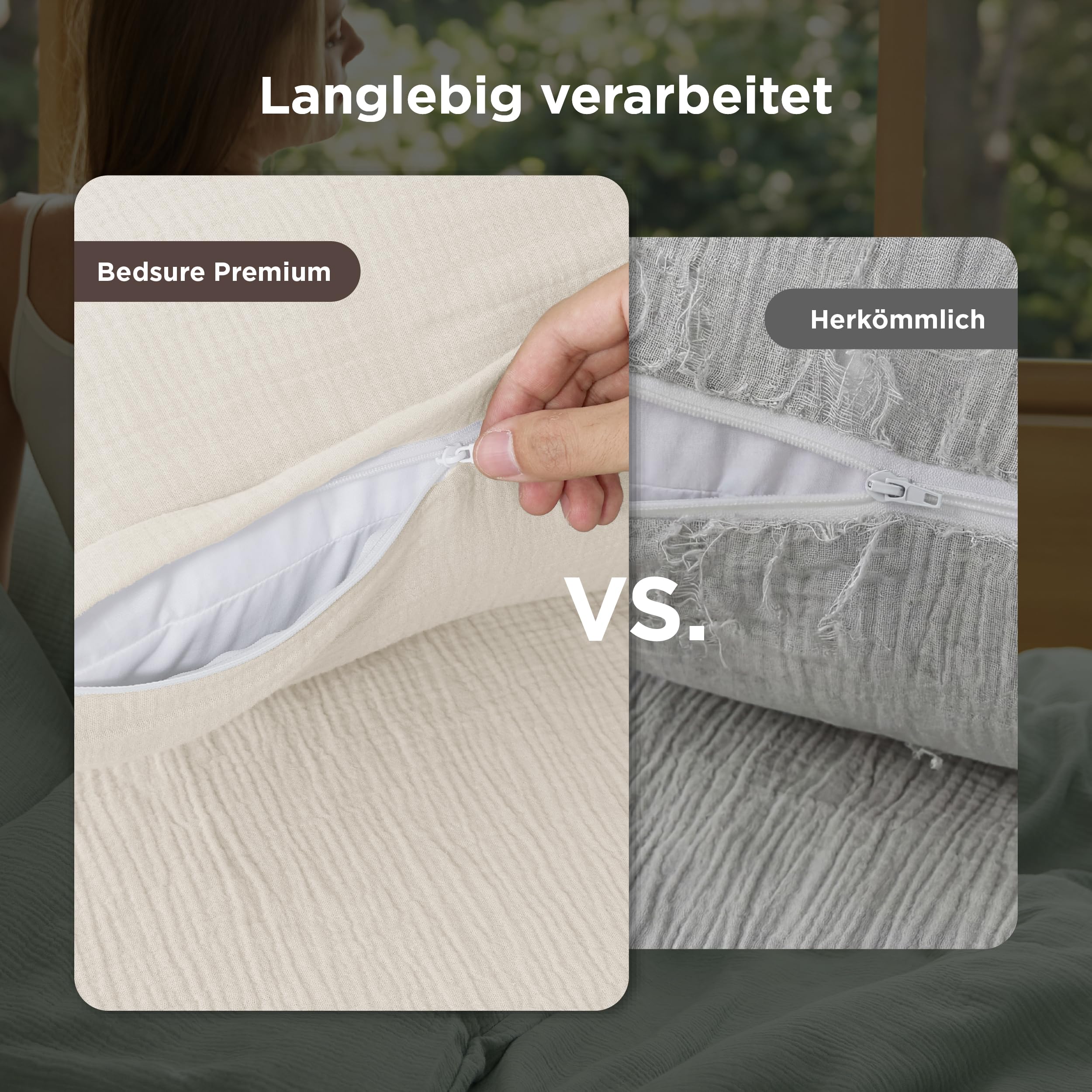BEDSURE Musselin Bettwäsche 135x200 2teilig - 100% Baumwolle Bettwäsche-Sets für Kinder und Erwachsene, 1 Bettbezug 135 x 200 und 1 Kissenbezügen 80x80 cm, OEKO-TEX Zertifiziert Sommerbettwäsche Beige - 4