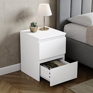 Vida Designs Denver Large 2 Drawer Bedside Chest | White | Space-Saving Storage | 52H x 39.5W x 39.5D cm | Large Side Table | Minimal | Smooth Metal Runner | Modern Bedroom Nightstand Unit