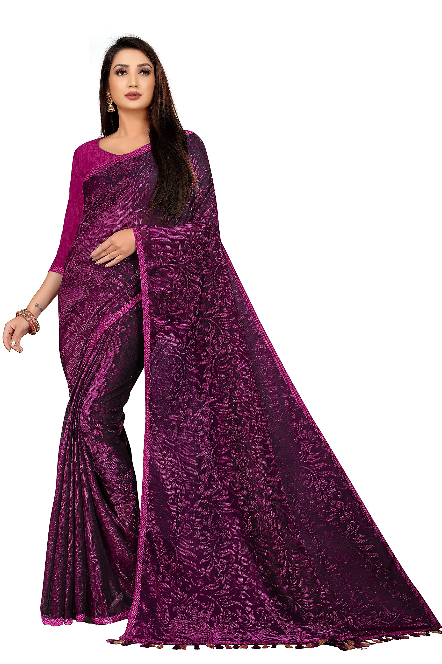 Ontic Lifestyle Floral Print Lycra Fabric Saree with Blouse Piece For Women