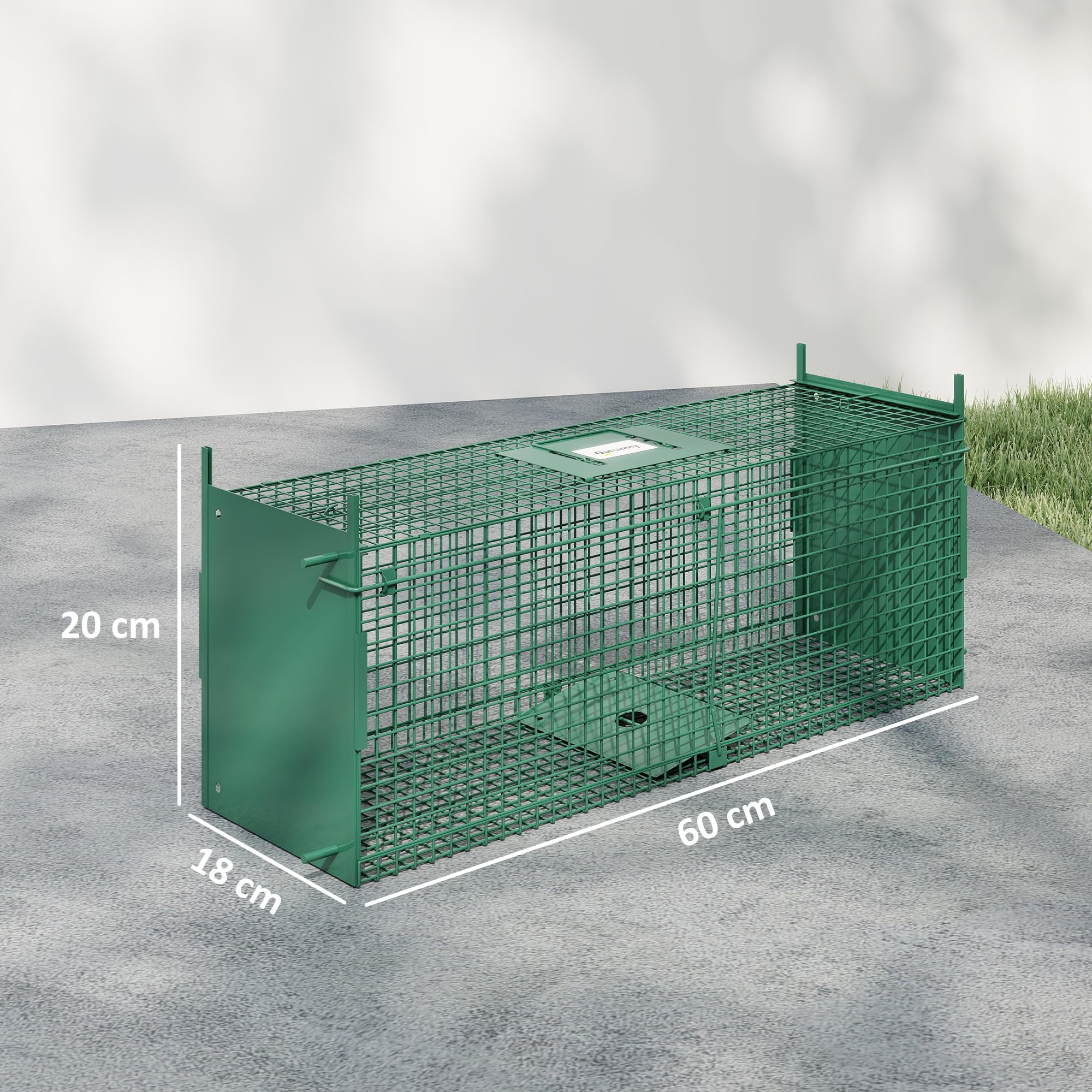 Outsunny Trampa para Animales Vivos 60x18x20 cm Jaula Trampa para Gatos con 2 Puertas Asa y Marco de Acero para Ratones Roedores Verde