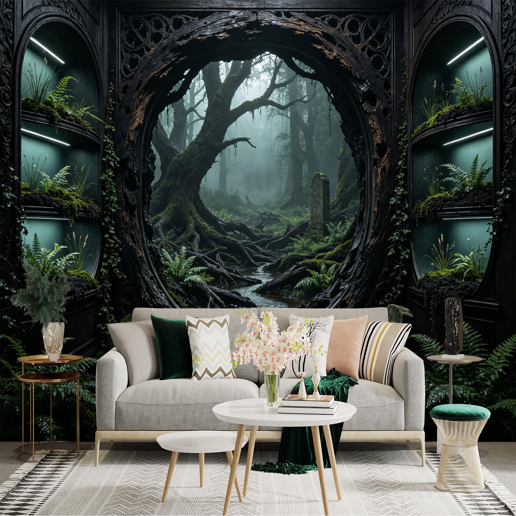 Custom Size Wall Sticker Mural， Mystical Forest with Ancient Trees， Fog and Stream， for wall Decoration， peelandstick wall Decals.