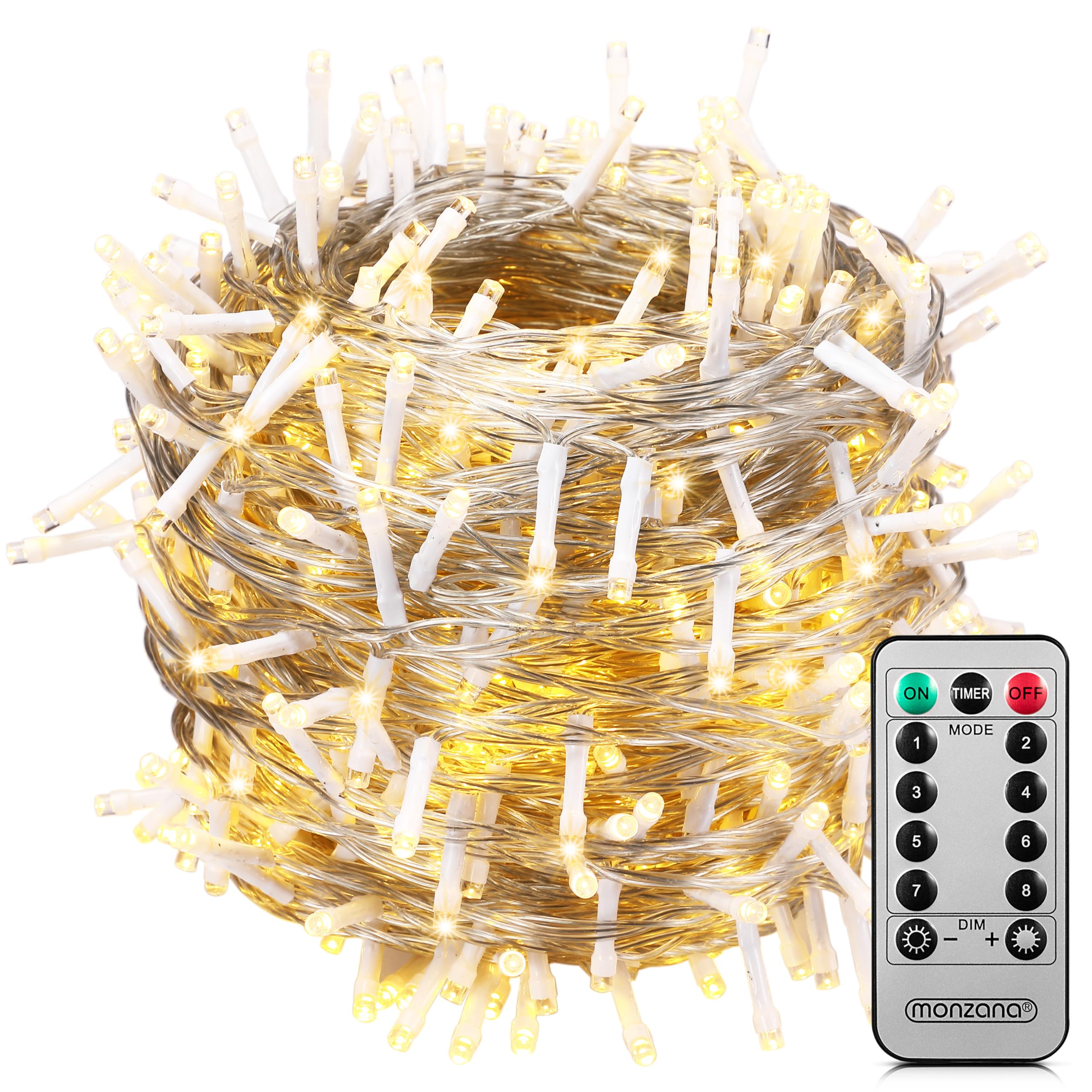 Monzana® 600 LED Lichterkette 60m mit Fernbedienung Timer Innen Außen 8 Modi Dimmbar IP44 Wetterfest Stecker Weihnachten Weihnachtsbeleuchtung Warmweiß