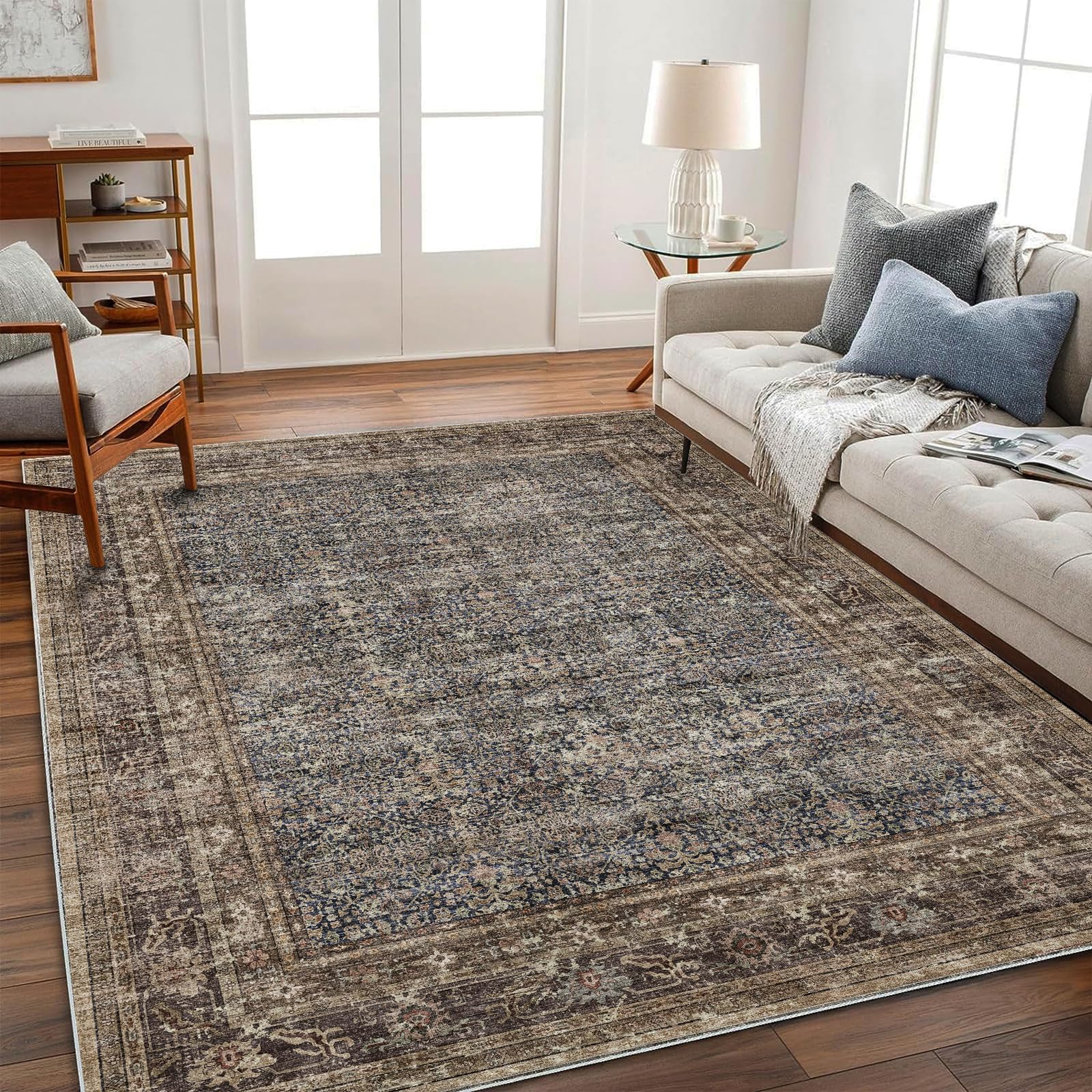 CHAMPLANT Area Rug 6'x9' Washable Vintage Traditional Floor Cover Thin Retro Kitchen Indoor Distressed Non Slip Carpet for Living Room Bedroom Dining Room