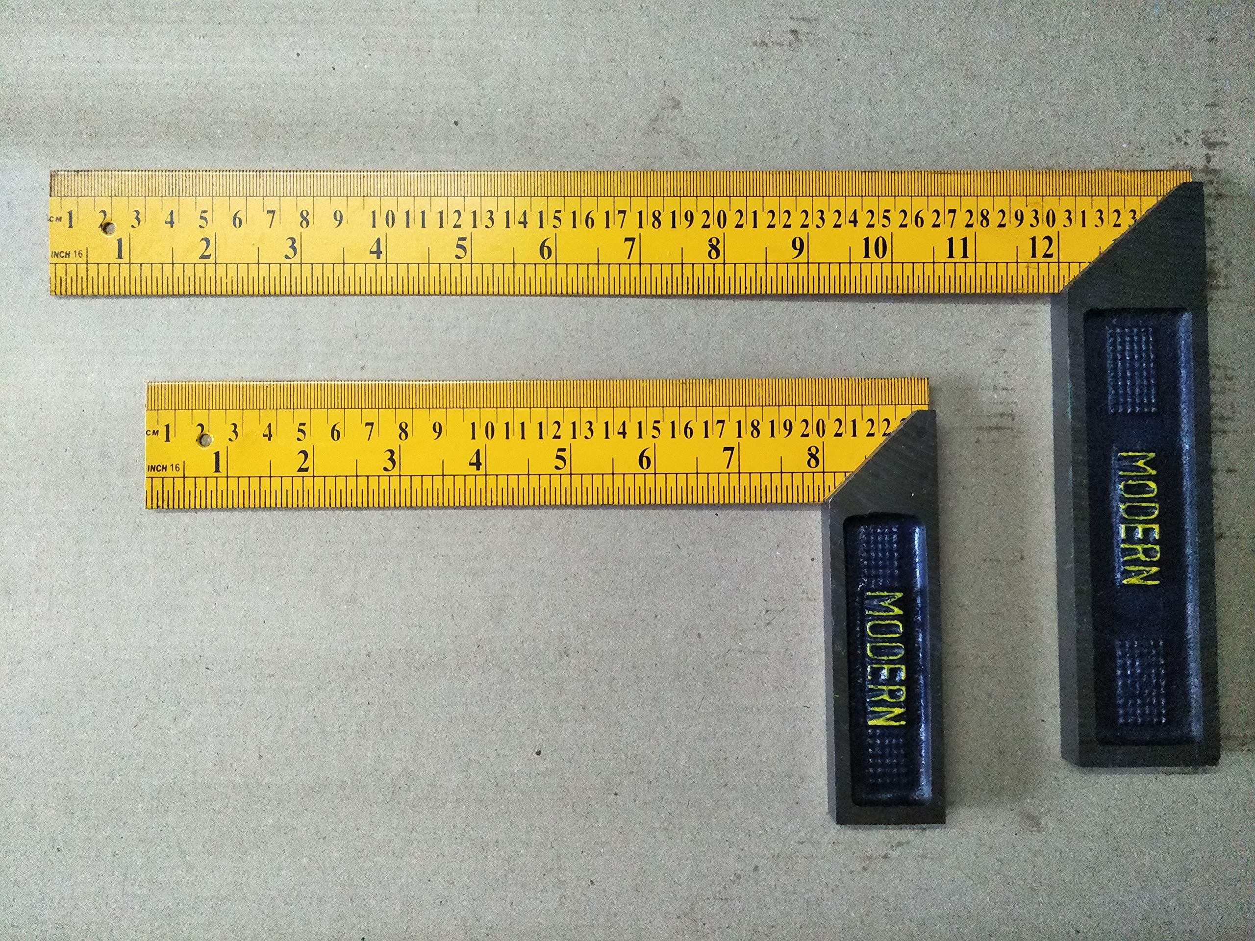 MODERN Carpentry Try Square 8",12" - 45deg Angle Cut Heavy Pattern Yellow Powder Coated Printed Markings - 2pcs set