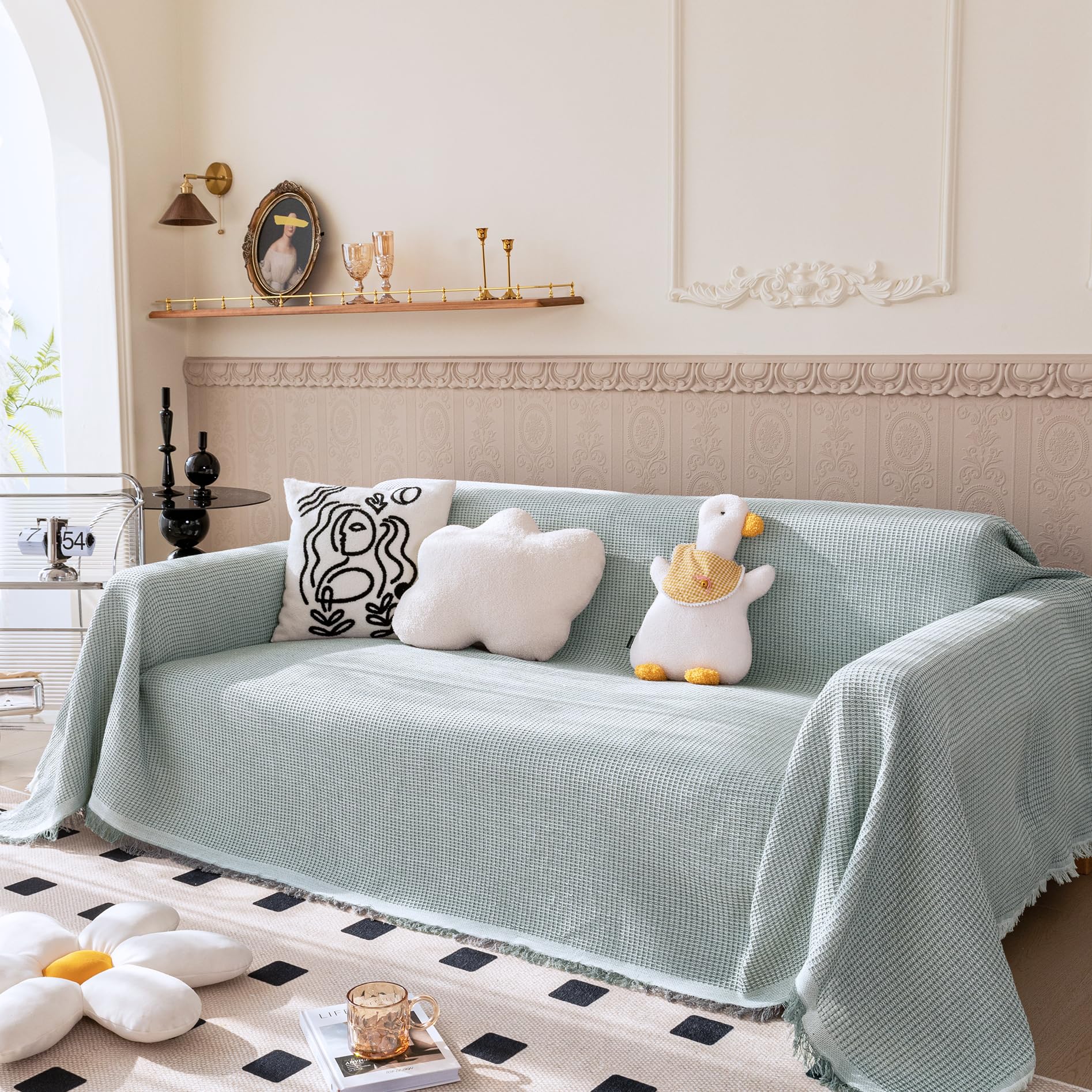 VANJOROY Green Sofa Throw Blanket Waffle For Single 2 Seater, 100% Handwoven Cotton Knitted Settees White Throw for Couch, Armchair and Bed,130×180cm
