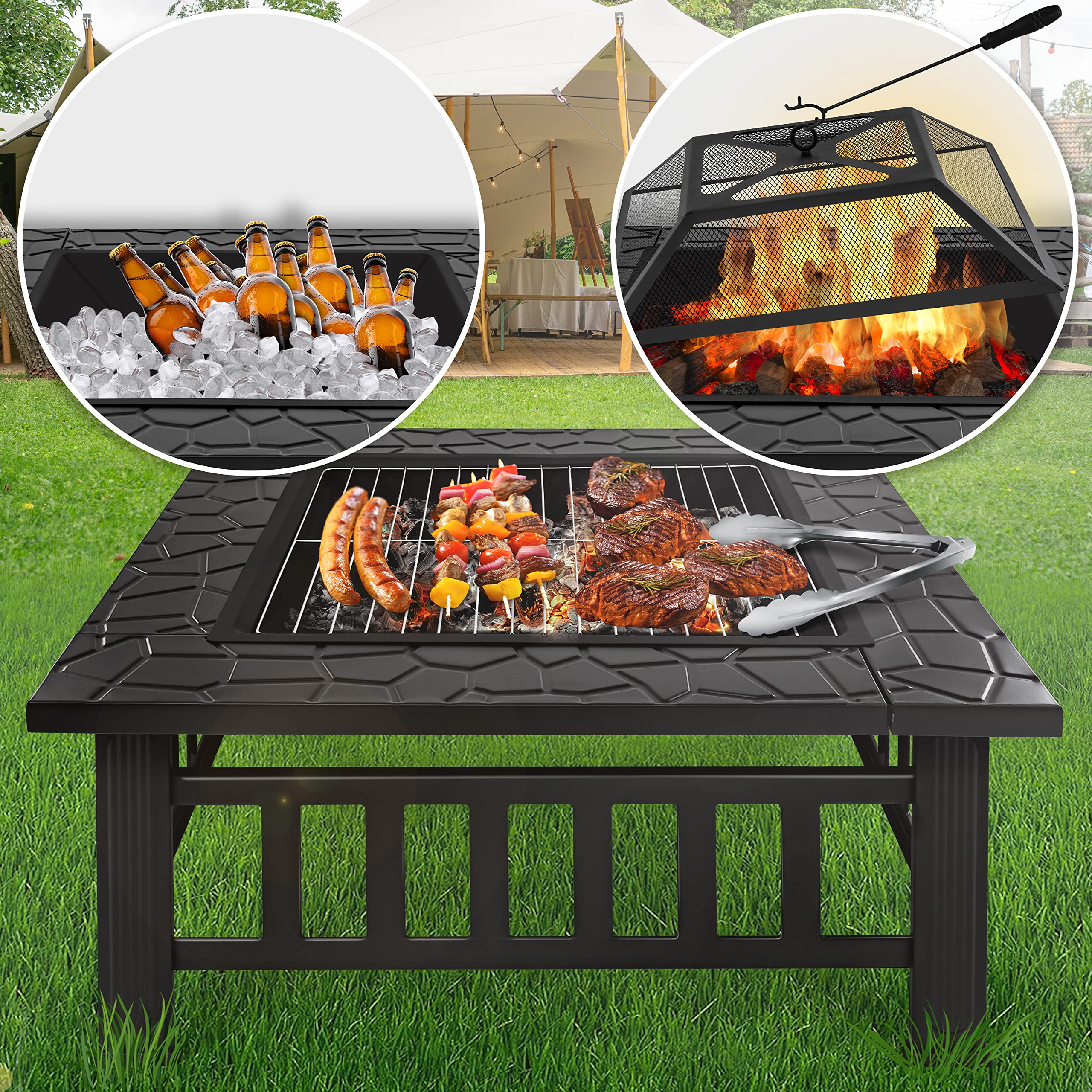 KESSER® Pozo de Fuego con Rejilla de Parrilla de Ø 62, Pozo de Fuego Multifuncional para calefacción/Parrilla de Barbacoa, Gancho y carbón, Cuenco de Fuego para terraza de jardín, Negro (Cuadrado)