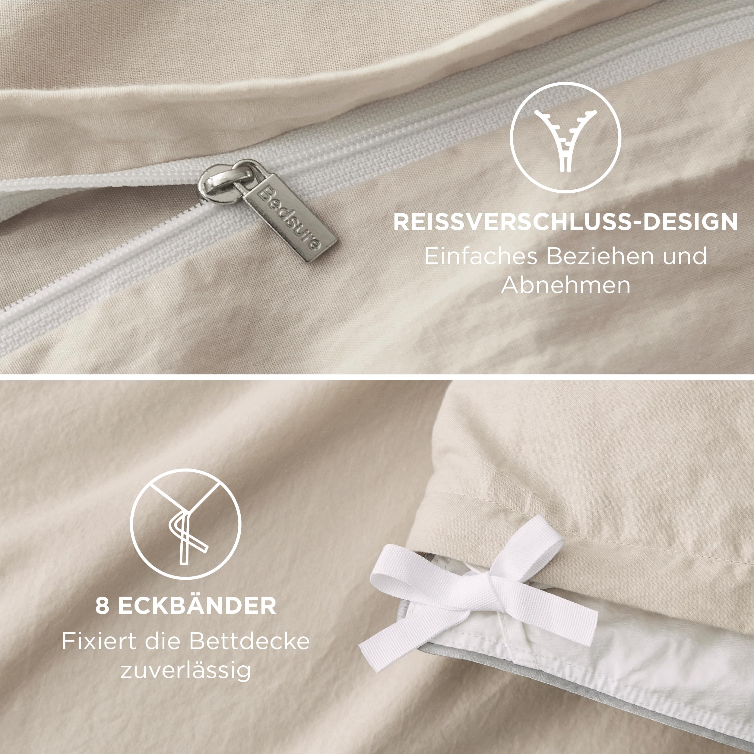 BEDSURE Ropa de cama de 135 x 200 cm, algodón de 4 piezas, juego de ropa de cama de verano, color beis, juego de 2 unidades con 2 fundas de almohada de 80 x 80 cm, textura similar al lino lavado
