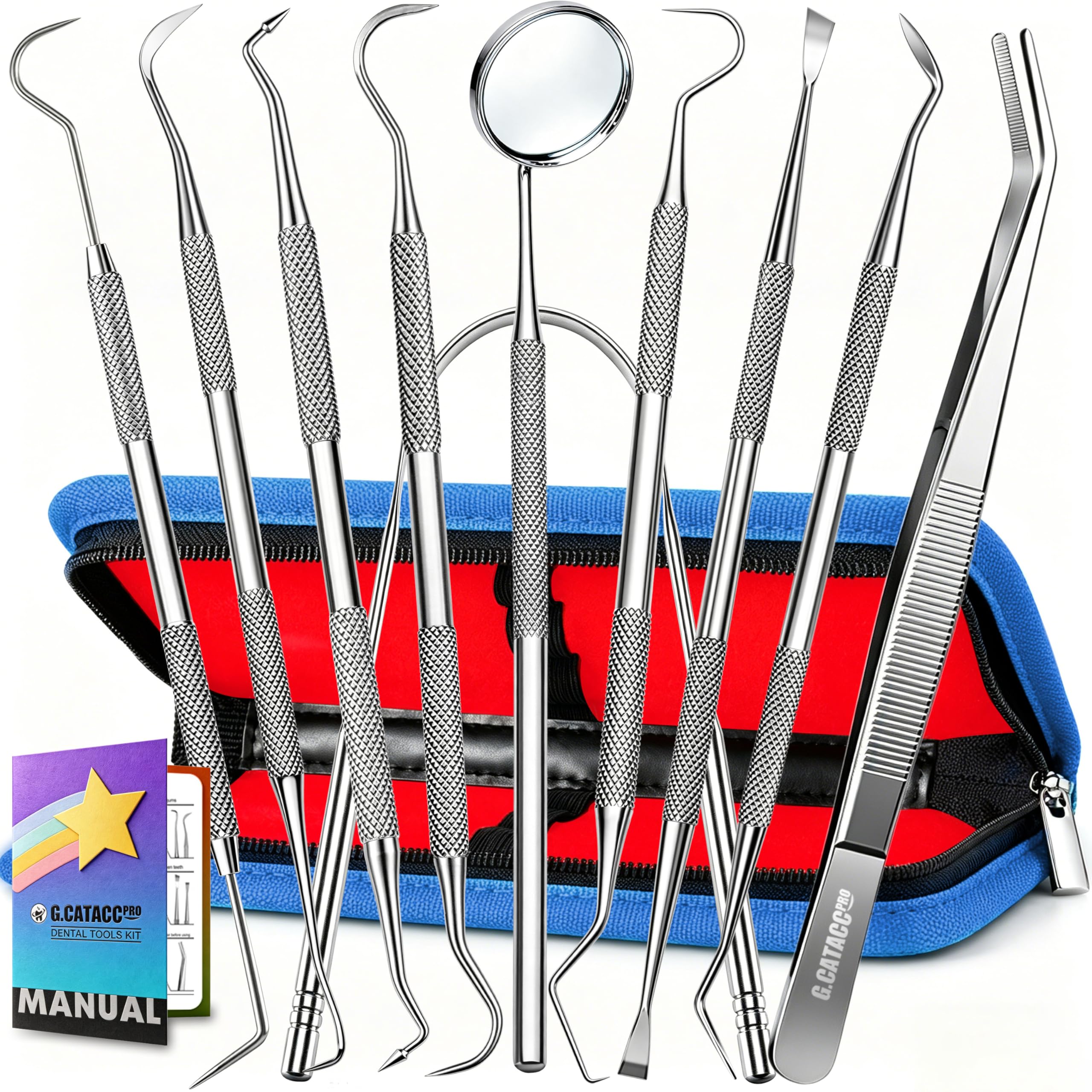 G.CATACC 10 Pack Dental Tools, Professional Plaque Remover for Teeth Cleaning Tools Set, Stainless Steel Hygiene Kit with Dental Pick Tooth Scraper Plaque Tartar Remover Tongue Cleaner - with Case