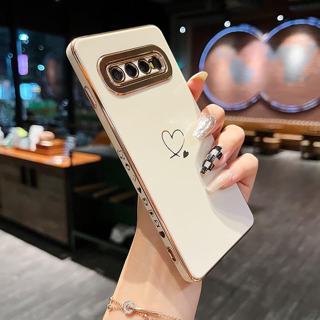 ZTOFERA Compatible with Samsung Galaxy S10 Case for Girls Women, Flexible Silicone Protective Phone Case with Cute Love Heart Pattern Golden Edging Shockproof Bumper Cover, White