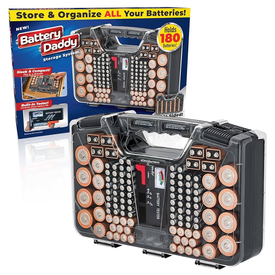 Ontel Battery Daddy Storage & Organizer Case with Tester, Stores & Protects Up to 180 Batteries, Double-Sided, Durable Design W/Clear Locking Lid, Secure Latches & Portable Carrying Handle - Charcoal