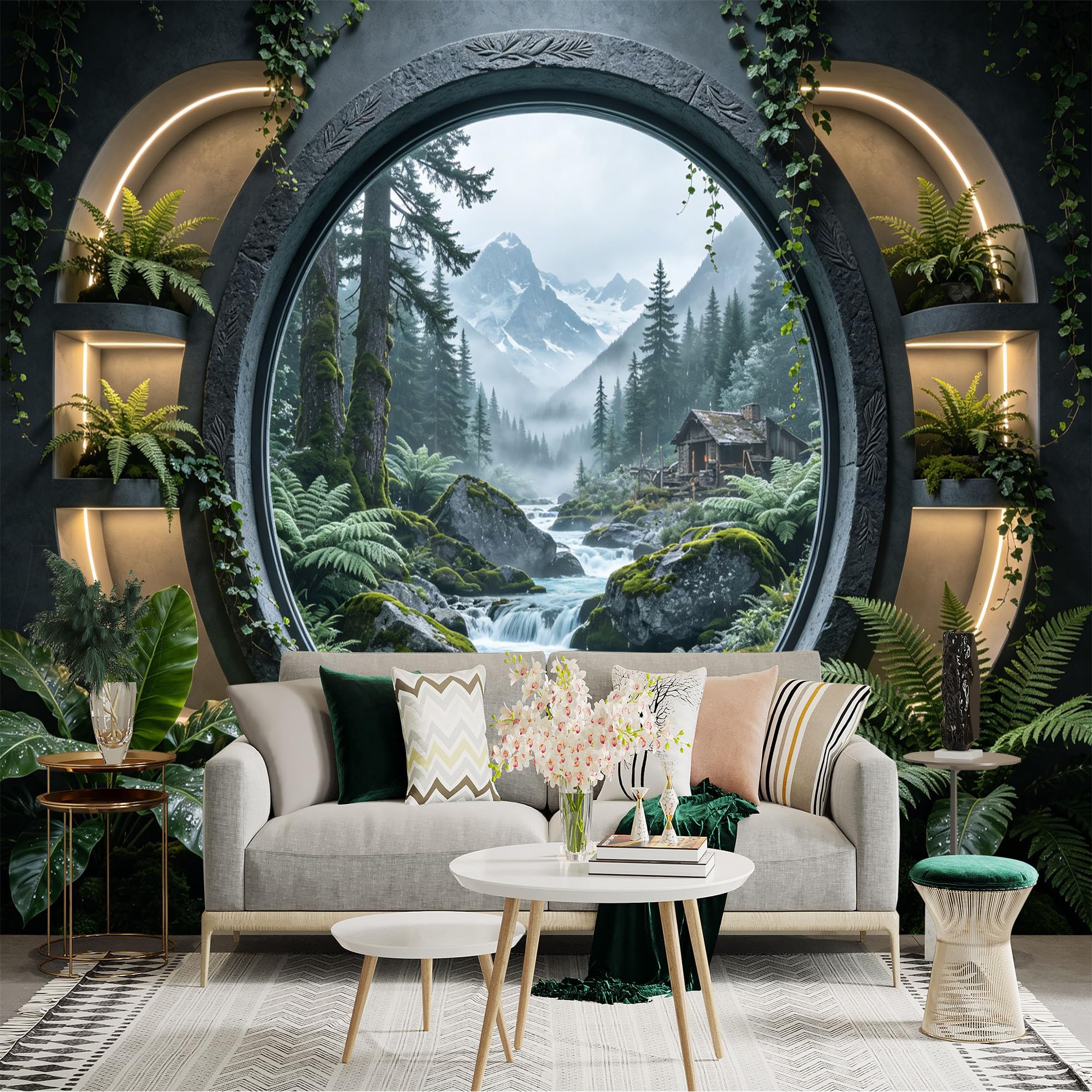 Custom Size Wall Sticker Mural， Mountain Cabin by River， Forest Landscape and Waterfall View， for wall Decoration， peelandstick wall Decals.