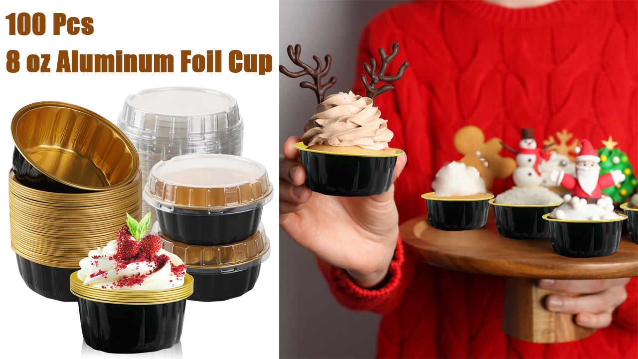 100 Pack 8oz Aluminum Foil Ramekins With Lids - Disposable Baking Cups For Creme Brulee, Cupcakes (Blue)