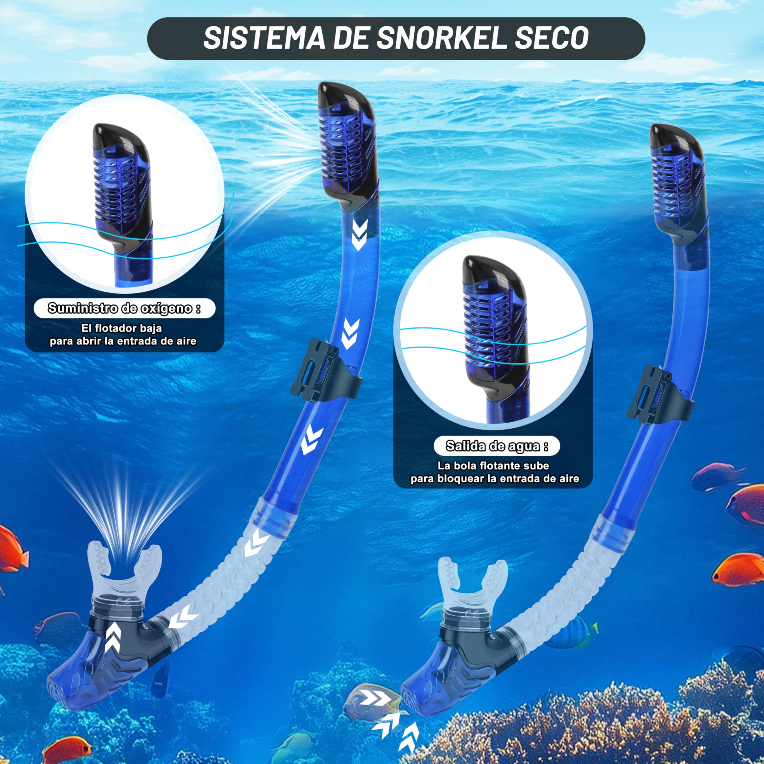 IEEILULU Snorkel Set Adulto, Kit Snorkel 7 Piezas con Máscara de Buceo Antivaho y Aletas Ajustable para Hombre Mujere con Bolsa Portátil, Dos Tamaños