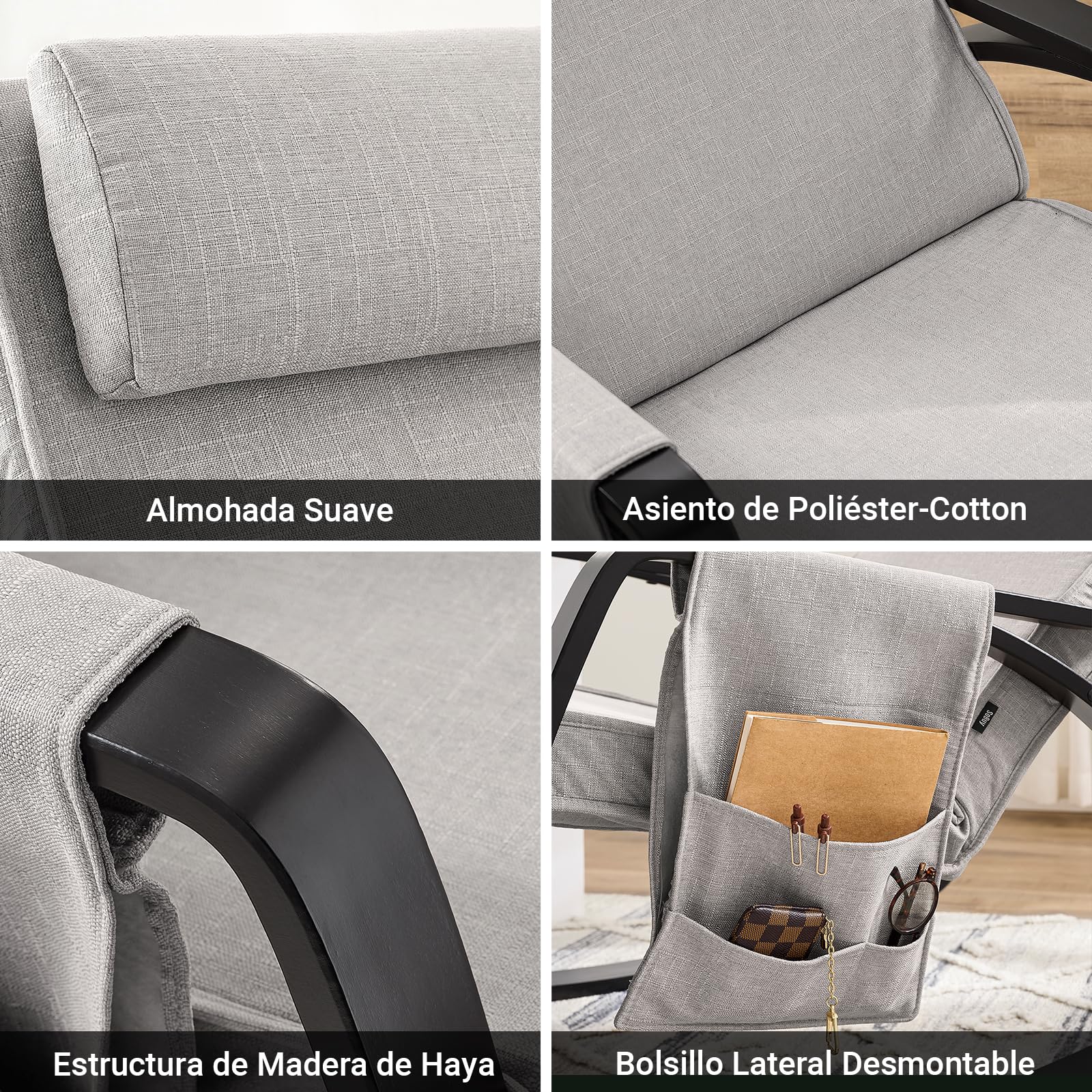 SoBuy Mecedora con Cojín, Silla Mecedora con Reposapiés Ajustable y Reposacabezas - Relajante Sillon con Bolsillo Lateral, Gris FST20-HG