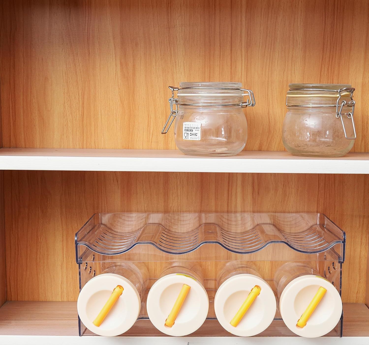 IEEK Plastic Stackable Bottle Storage Holder Rack Holds 16 Bottles,Free-Standing Water Bottle/Wine and Drink Organizer Shelf for Kitchen Cabinet,Fridge,Countertop,Pantry,Freezer,4 PackX4 Bottles,Clear - Image 7