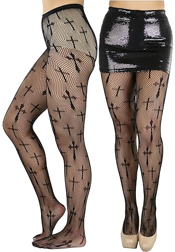 ToBeInStyle Women's Full Footed Gothic Cross Pantyhose - One Size Plus - Gothic Cross Fishnet - Black