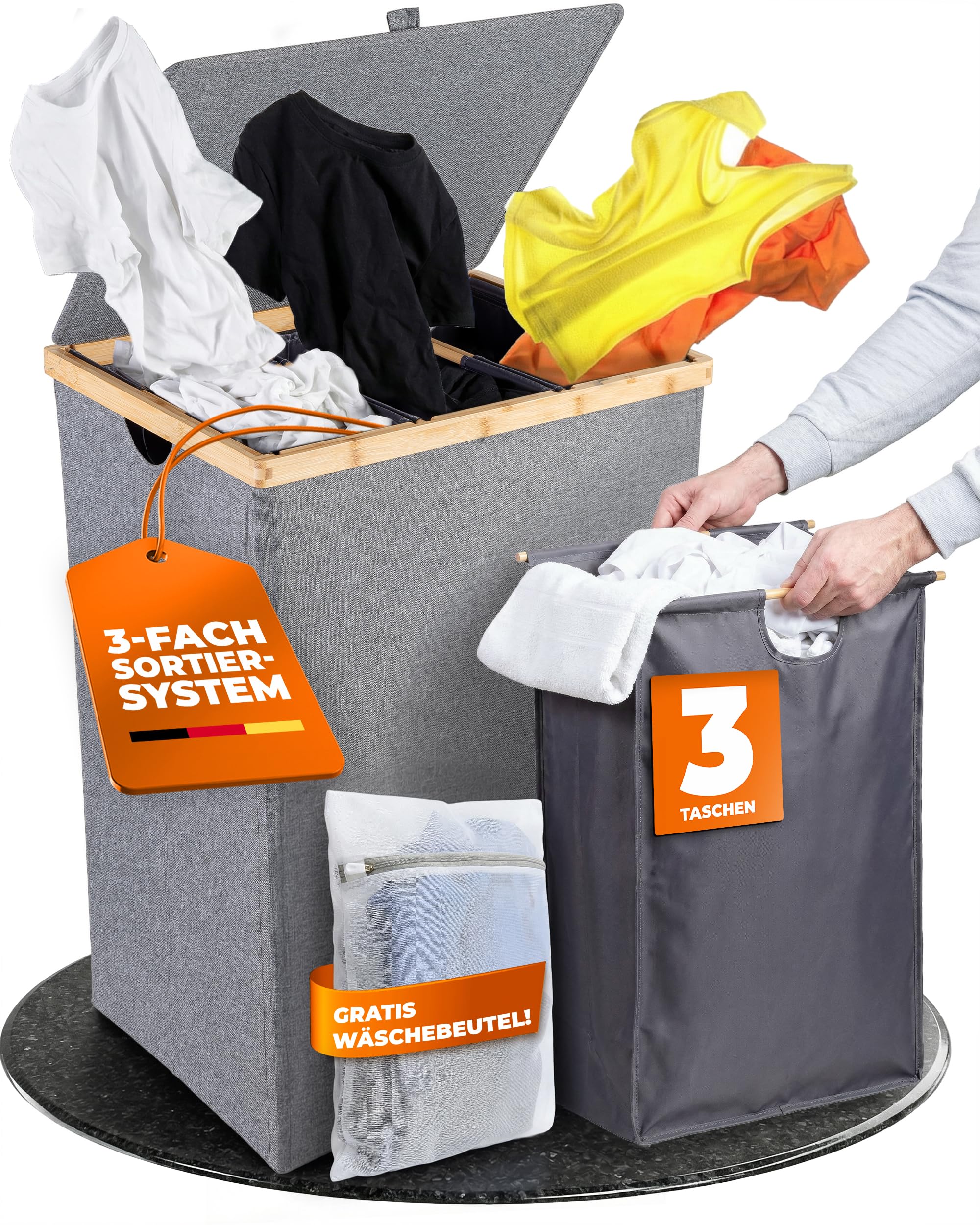 Wäschekorb 3 Fächer mit Deckel – kein Klett, keine Schlaufen, herausnehmbare Wäschesäcke, stabiler Bambusrahmen, 150L Wäschesammler, mit Seitentasche & 3 Waschbeuteln, grau – Evolune Living