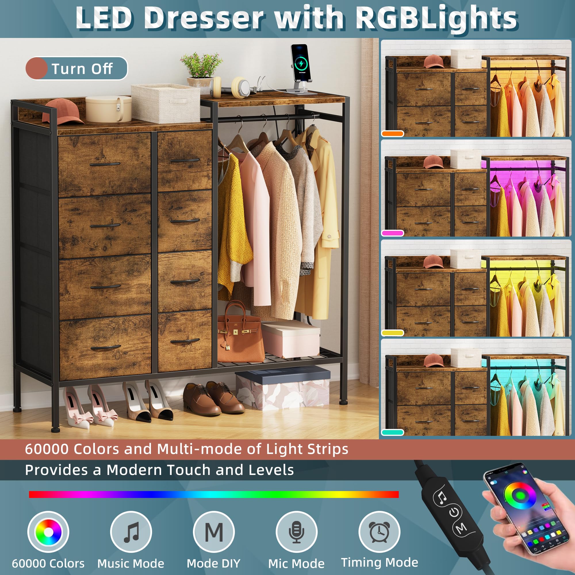 Cómoda de 8 cajones con perchero, cómoda LED con estación de carga, cómodas altas con zapatero para ropa y almacenamiento de zapatos, cómoda con parte superior de madera para dormitorio 5