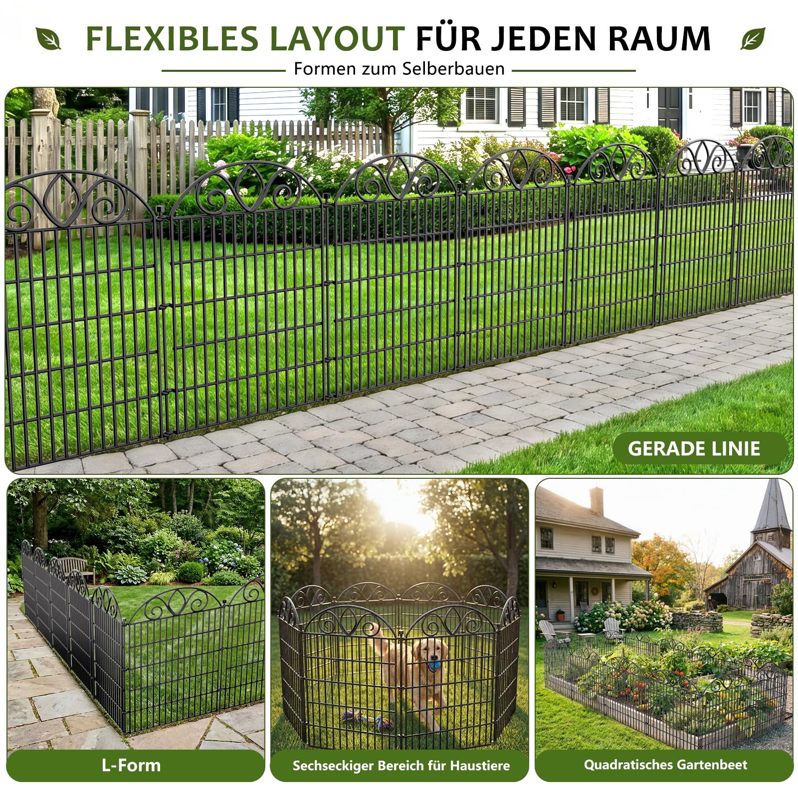 10 Paneele Dekorativer Gartenzaun – Gesamtgröße 122 cm (H) x 720 cm (L) – Rostfreier Metallzaun für den Außenbereich, als Hundezäune für den Garten, Blumenbeete | Temporäre Umzäunung