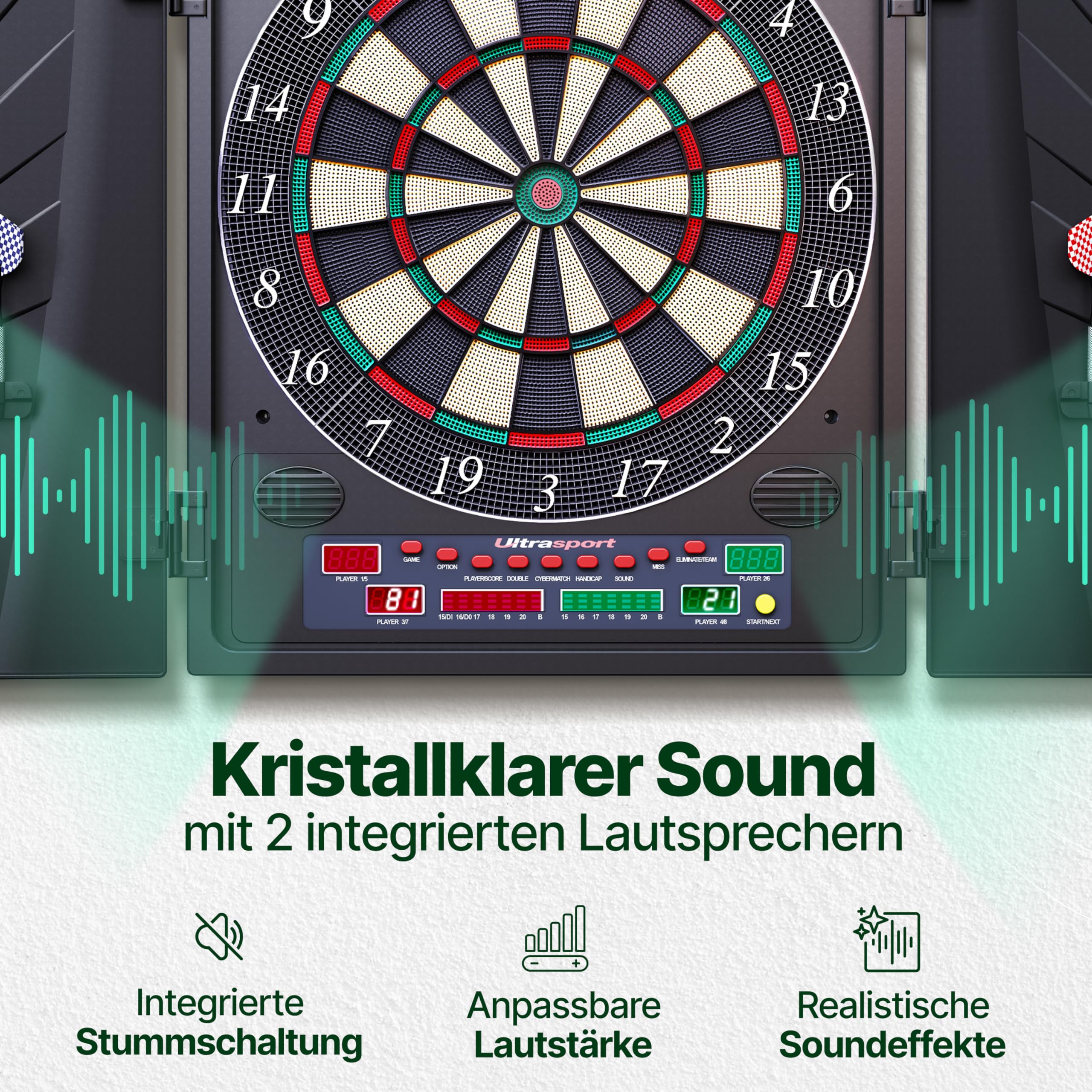Ultrasport Dartscheibe Elektronisch Profi Set für 1-8 Spieler mit 15 Darts, 15 Pro Flights, 100 Pfeilspitzen, 3 Startlinien I Dartautomat