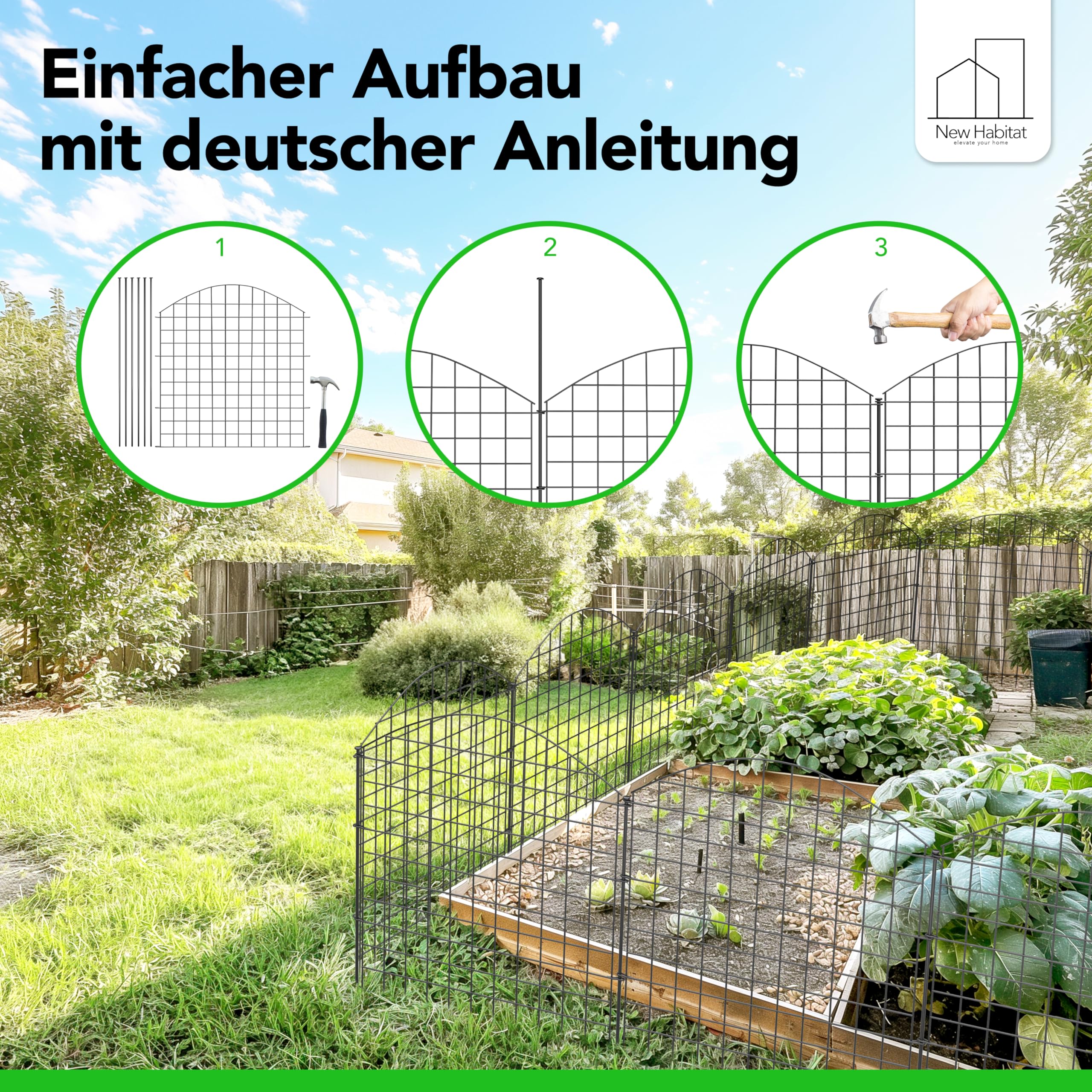 NewHabitat | 10x Teichzaun Steckzaun aus Metall, Anthrazit, 78cm - Erweiterbares Zaunset für Garten, Teich, Pool und Tiergehege