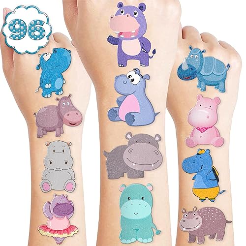 101 calcomanías temporales de hipopótamo hipopótamo con temática temática de fiesta de cumpleaños, suministros de decoración, lindos y divertidos
