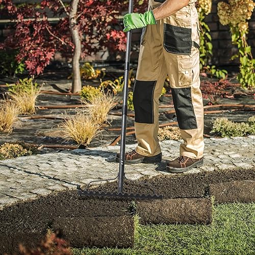 Miniatura 2 de Rastrillo de jardín, rastrillo de arco de 5 pies, rastrillo de nivelación resistente con mango ajustable, rastrillo de paja de metal de cabeza ancha