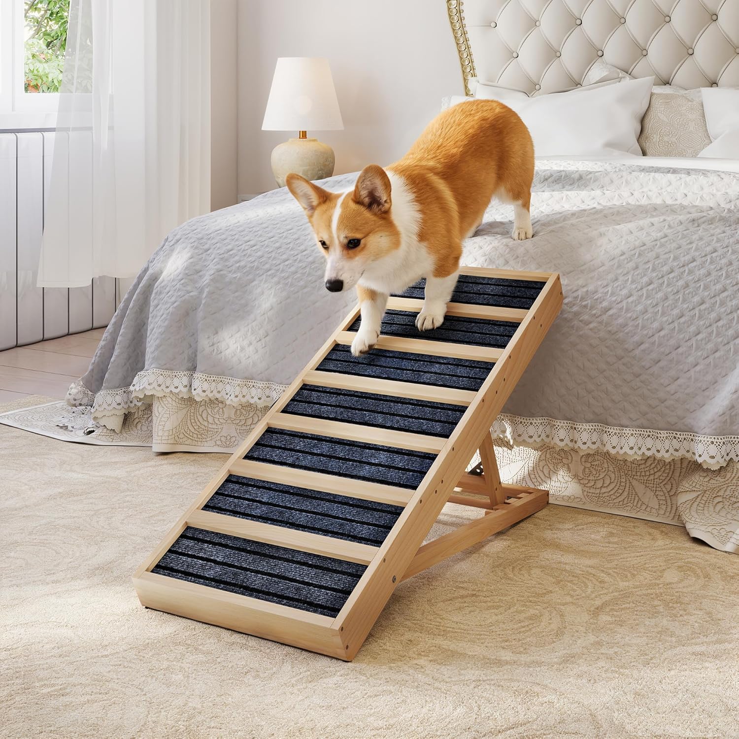 Dog Ramp for Bed, Couch- Upgraded Non-Slip Wooden Pet Ramp with Sturdy Construction, 4 Adjustable Heights (16" to 22"), Supports 132 lbs for Small & Medium Dogs