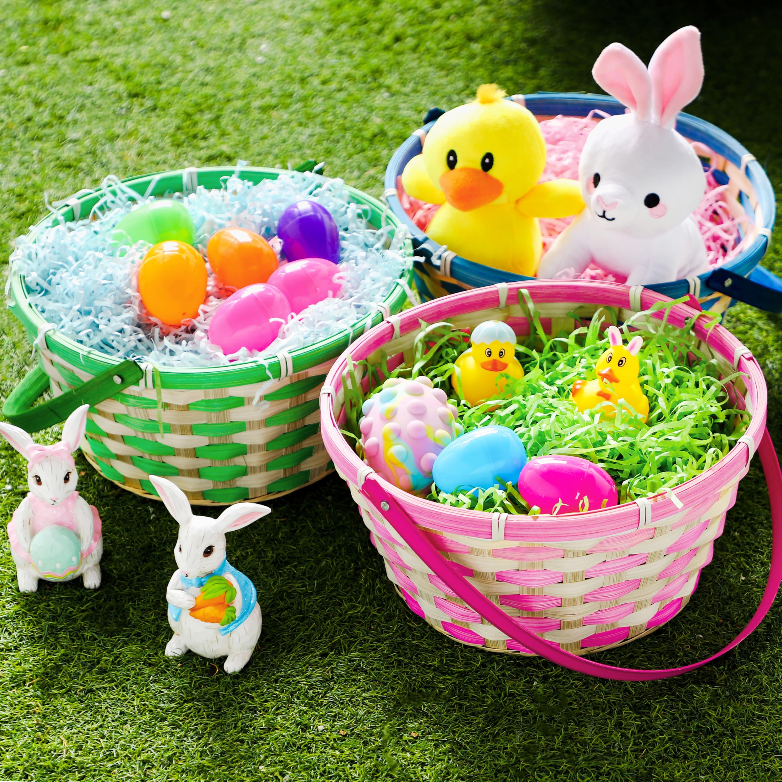 JOYIN Gewebte Osterkörbe mit Griff für Ostereiersuche, Kinderpartyzubehör, Füllung mit Süßigkeiten-Partygeschenken (grün, blau, rosa), 3 Stück