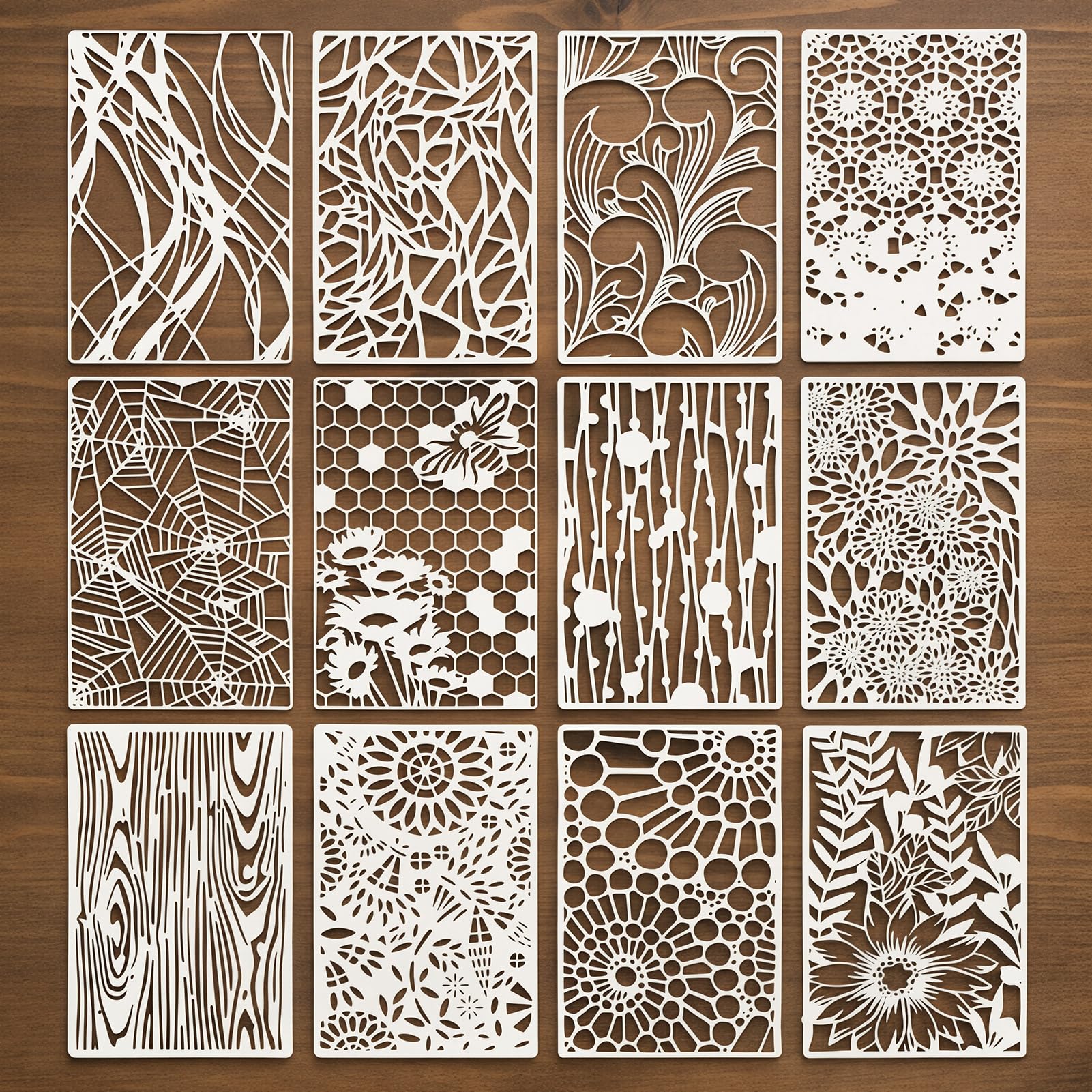 12Pcs Texture Stencils for Crafts Reusable,Natural Plants Flower DIY,11×7''