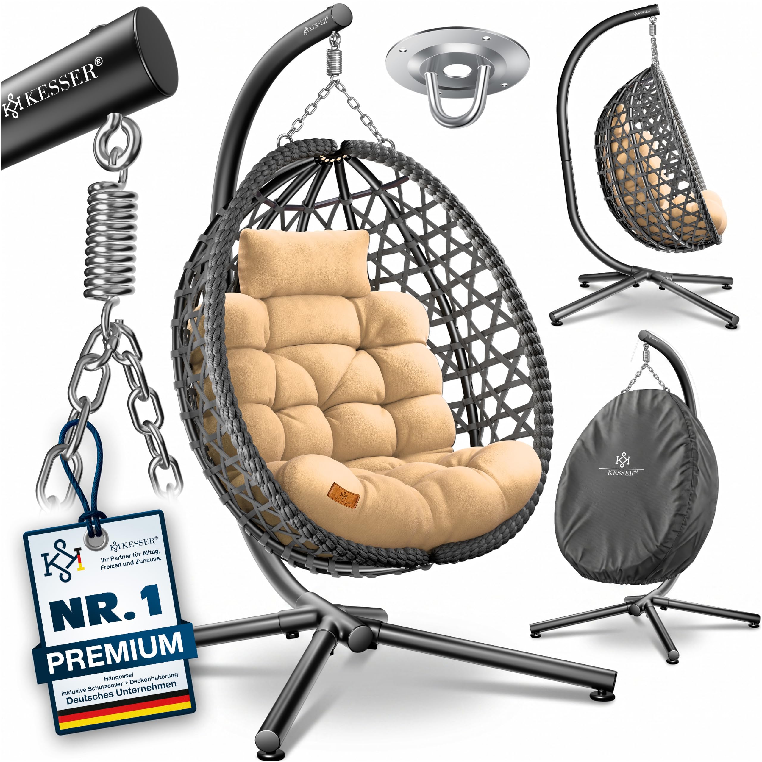 KESSER® Fauteuil suspendu avec armature - Pour extérieur et intérieur - En polyrotin - 360° - Charge maximale : 150 kg - Avec coussin rembourré et support de plafond 2 en 1 + housse - Balançoire de