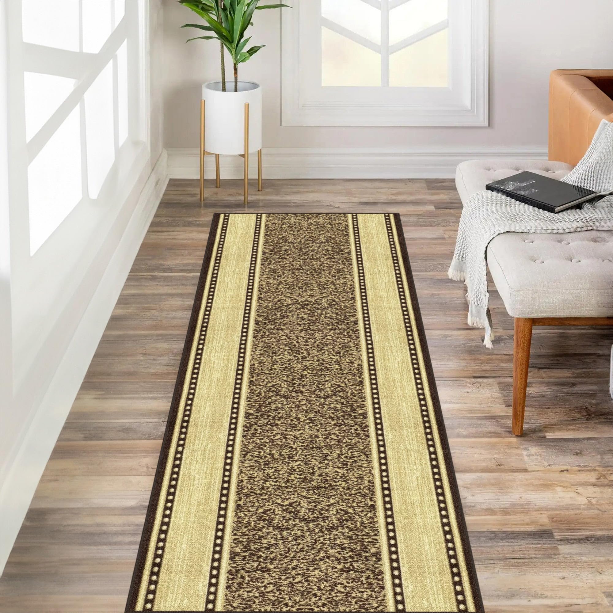 Kapaqua Custom Size Brown Gold Beige Bordered Rubber Backed Non-Slip Hallway Stair Runner Rug Carpet 22 inch Wide Choose Your Length 22in X 9ft