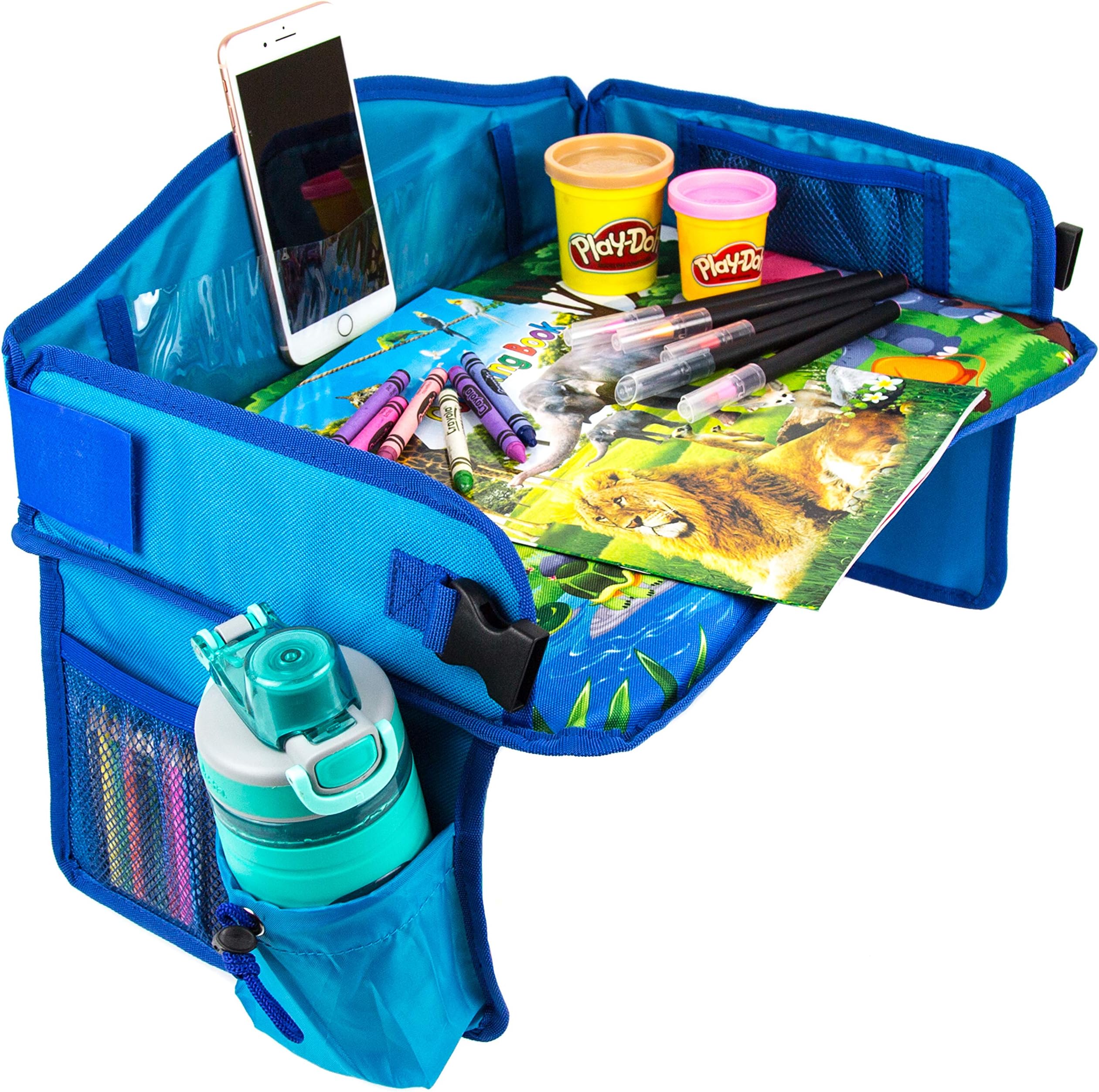 Car Seat Tray with Coloring Activity Set by BO Innovation | Car Seat Tray for Car, Stroller, Plane | Toddler, Baby, Kids Play Tray | Exclusive Coloring Book + Pencils + Stickers Set
