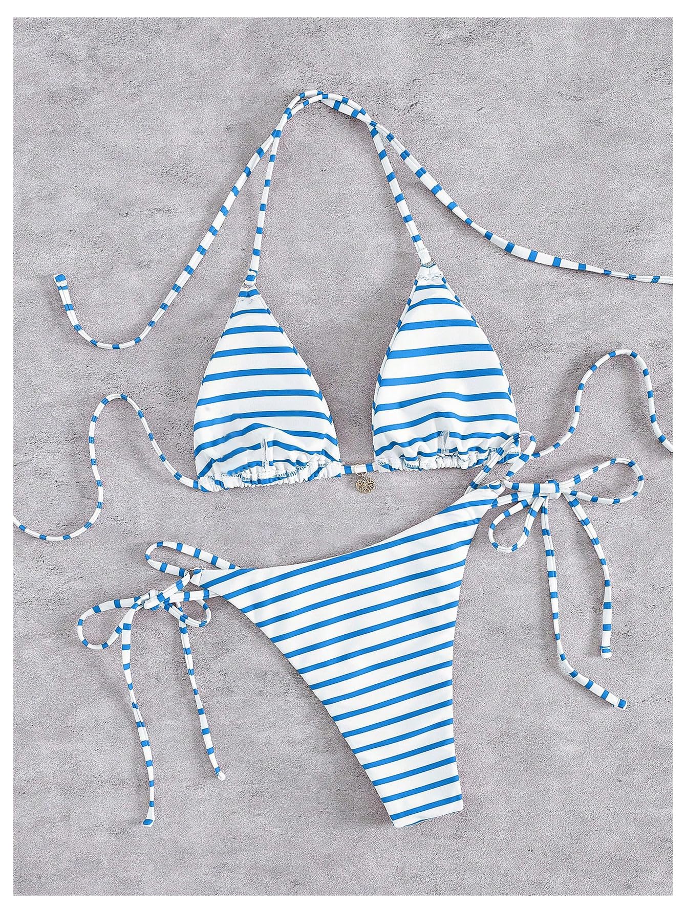 Costume da Bagno A Due Pezzi for Donna Set Bikini con Stringhe all'Americana A Righe Costumi da Bagno Sfacciati dal Taglio Alto Blu E Bianco Piccolo