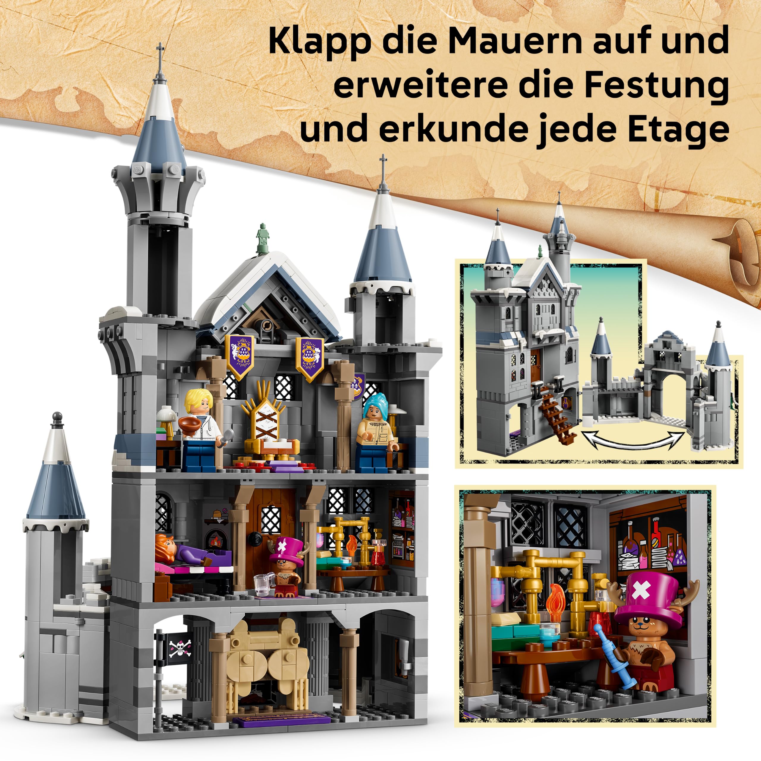 LEGO ONE PIECE Duell im Schloss Drumm - Modellbau mit 6 Minifiguren inkl. Luffy, Nami und Chopper - Kinderzimmer Deko und Geschenk für Jungen, Mädchen und Fans ab 9 Jahren - 75645