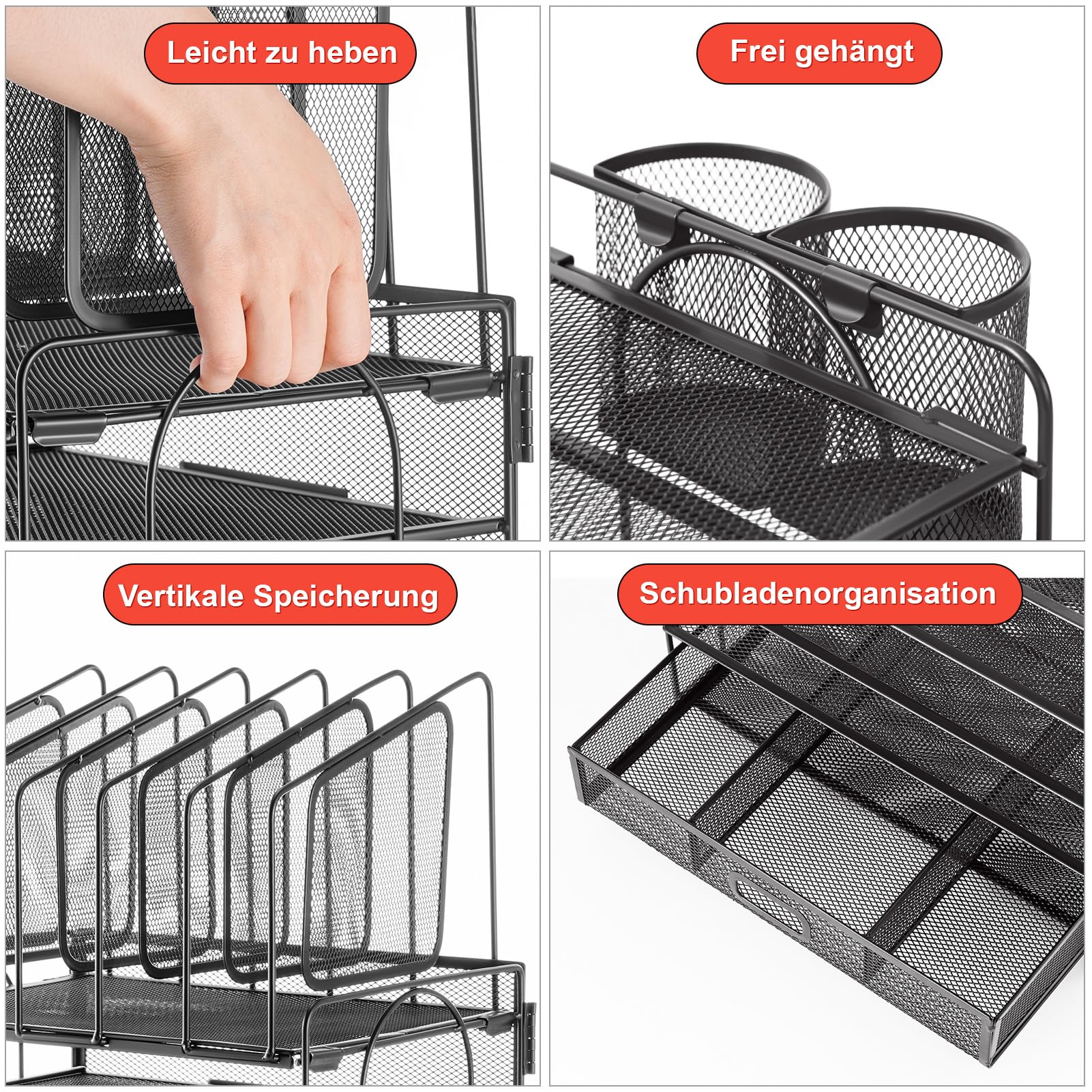 Marbrasse Bureau Organizer met Ordnerhouder,5 Lagen Brievenbakje,Bureau-Opbergvak met Lade en 2 Pennenhouders,Mesh Bureau-Accessoires,Tijdschriftenhouder Voor Huis Kantoor (Groen
